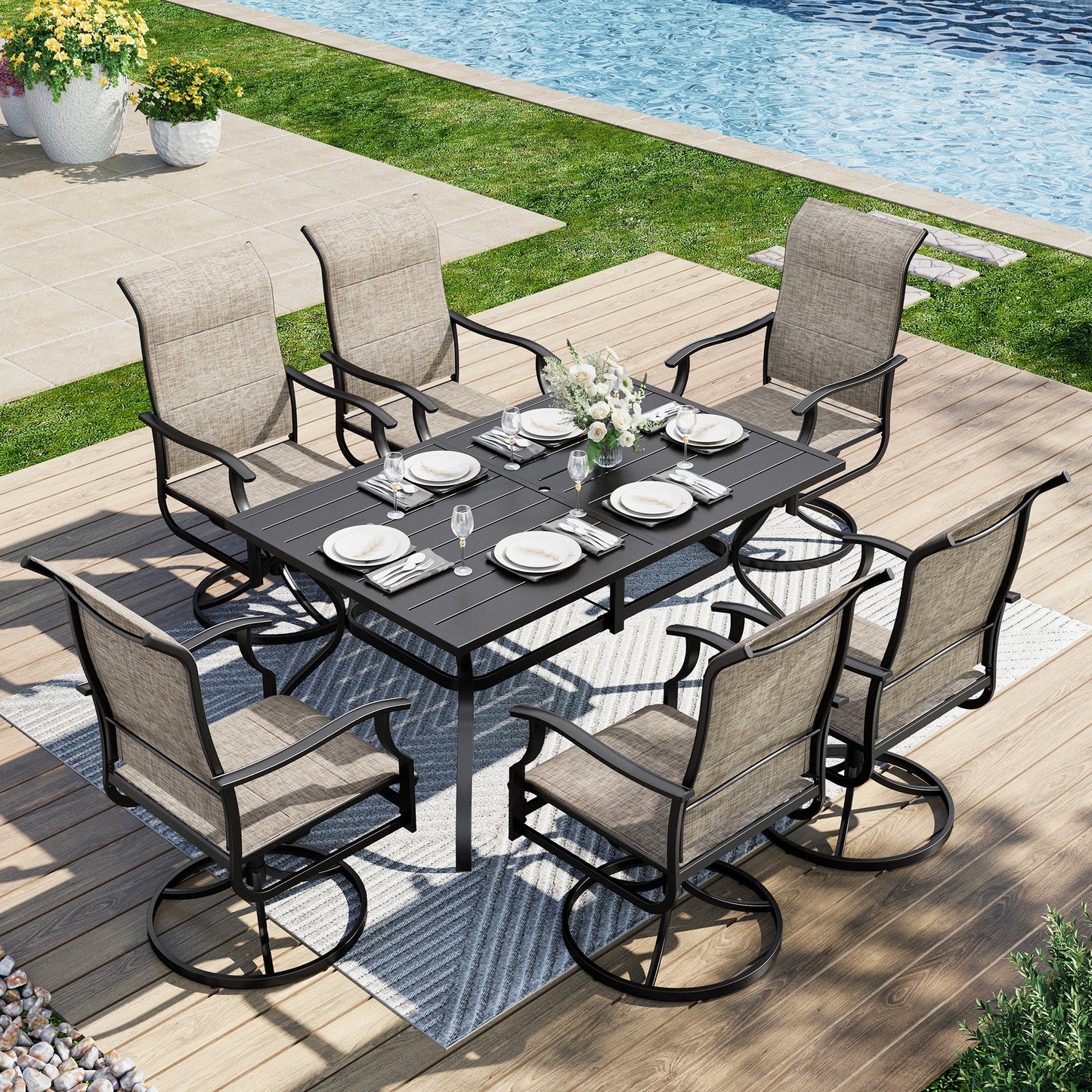 Captiva Designs 7pc Outdoor Slat-top Rectangle Steel Dining Table & Grayish Brown Padded Sling Chairs