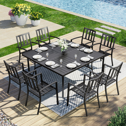 Captiva Designs 9 件套宽敞方形金属板顶桌，带伞孔和金属可叠放椅子，带剥离式靠背