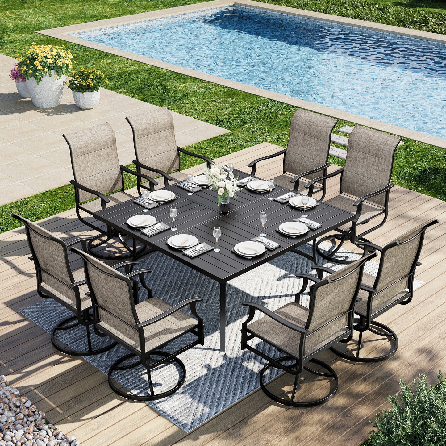 Captiva Designs 9pc Patio Slat-top Metal Dining Table & Grayish Brown Padded Textilene Swivel Chairs