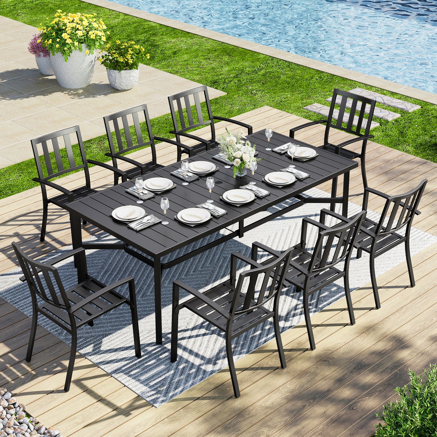 Captiva Designs 9pc Spacious Slat-top Rectangle Metal Table & Steel Stackable Chairs