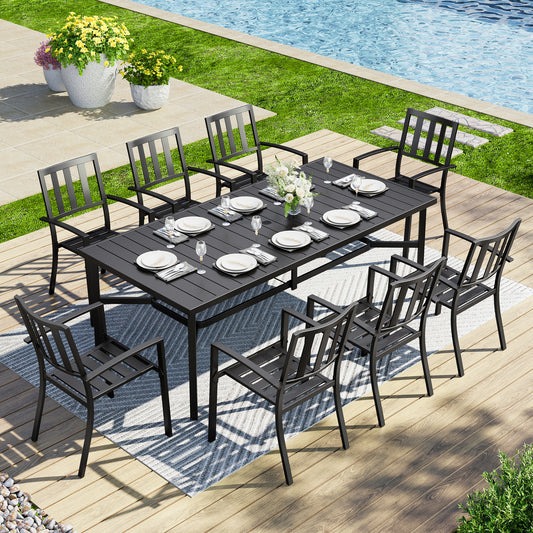 Captiva Designs 9pc Spacious Slat-top Rectangle Metal Table & Steel Stackable Chairs