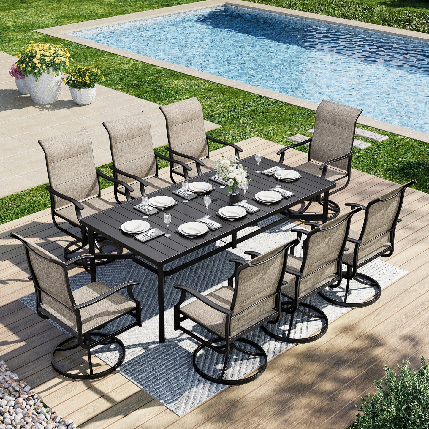Captiva Designs 9pc Patio Slat-top Metal Dining Table & Grayish Brown Padded Textilene Swivel Chairs