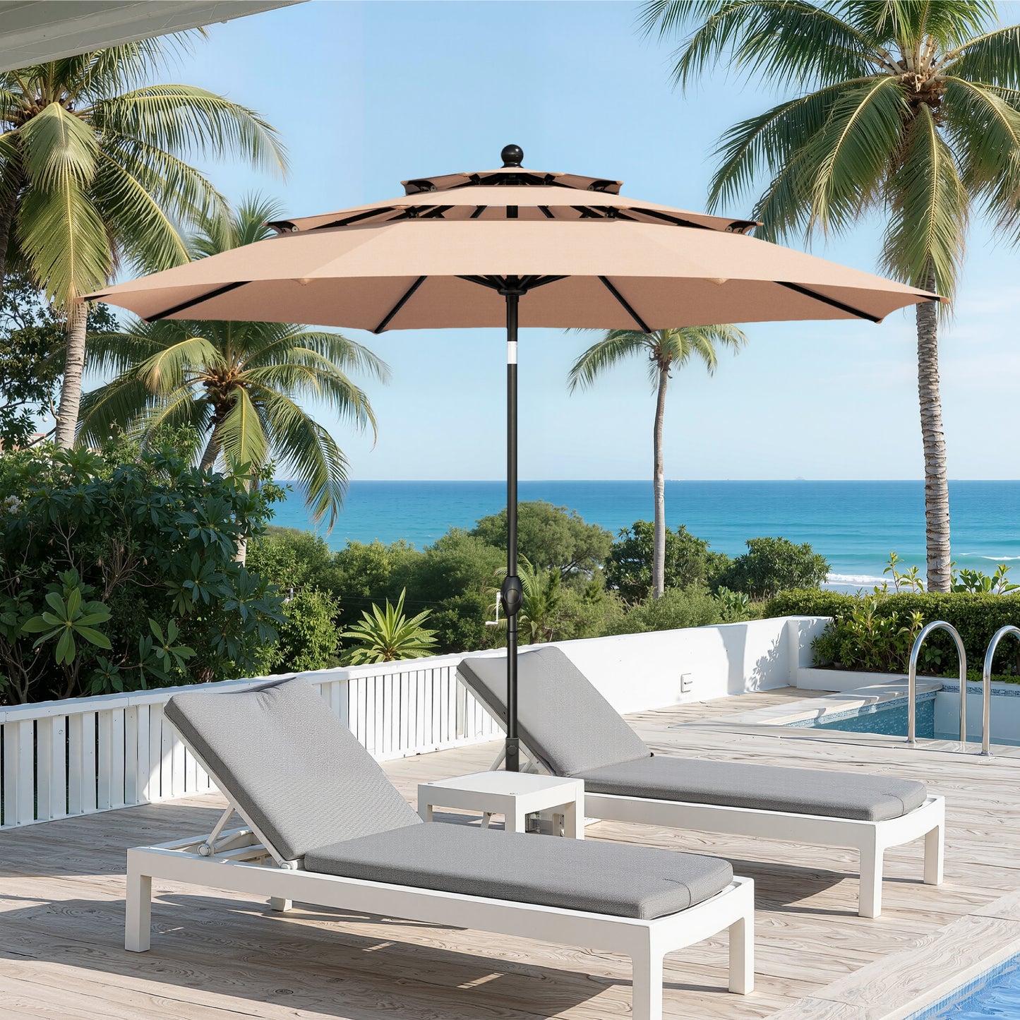 Captiva Designs 6pc Patio Round Dining Table & Stackable Fixed Chairs & 10ft 3 Tier Auto-tilt Umbrella