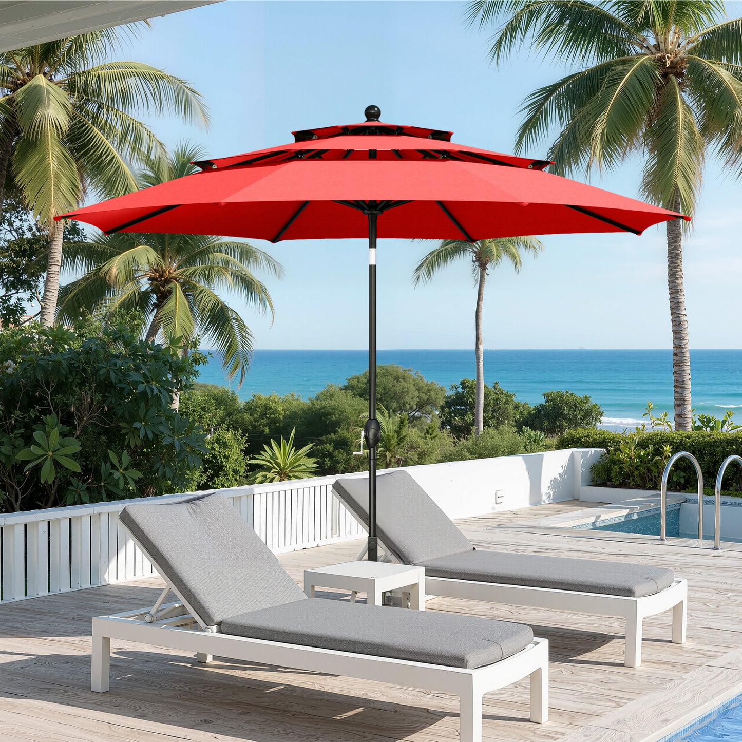 Captiva Designs 6pc Patio Round Dining Table & Stackable Fixed Chairs & 10ft 3 Tier Auto-tilt Umbrella