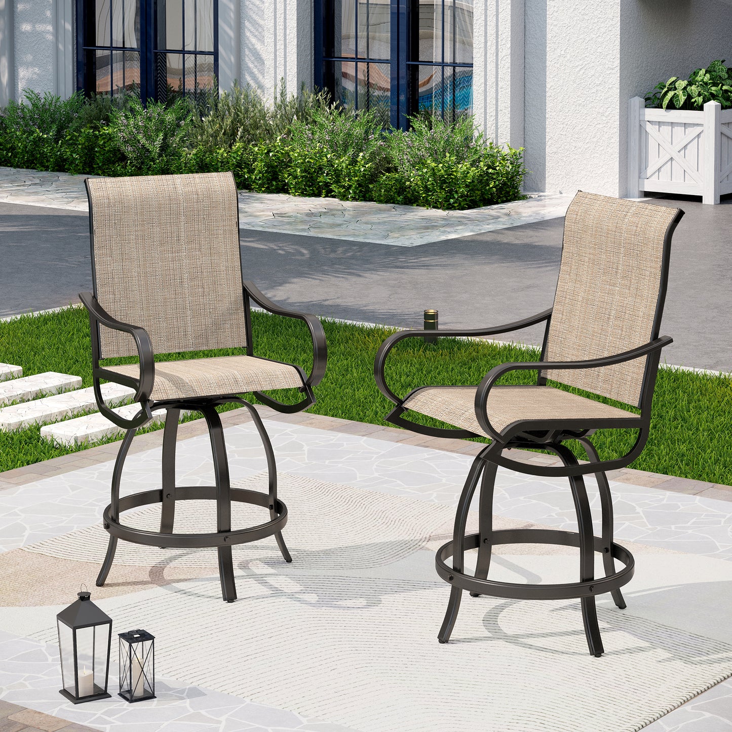 Captiva Designs Outdoor Patio Breathable Textilene Sling High Bar Steel Stools with Stylish Armrests