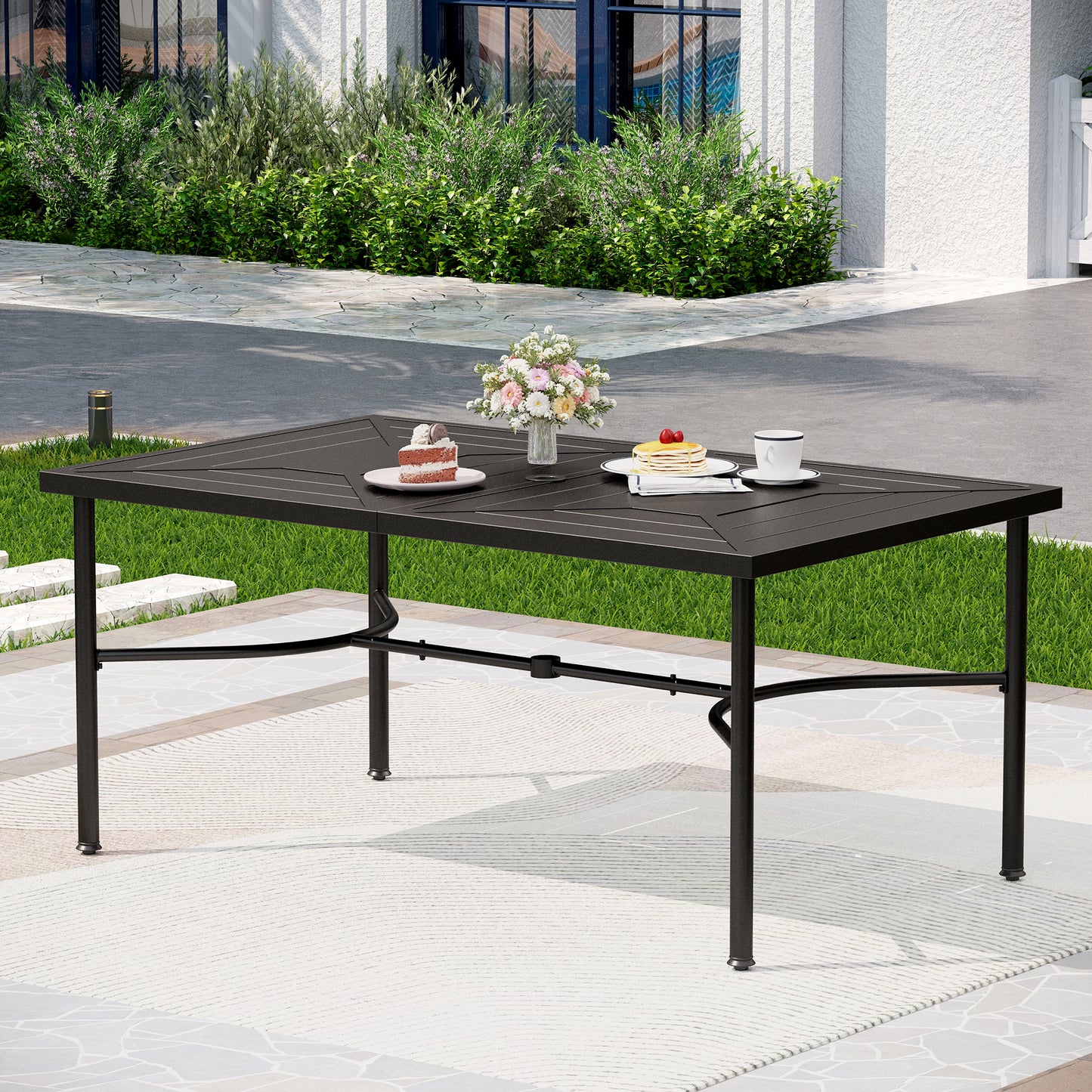 Captiva Designs 7pc Patio Dining Geometric Pattern Rectangular Steel Table & Mesh Back Metal Arm Chairs