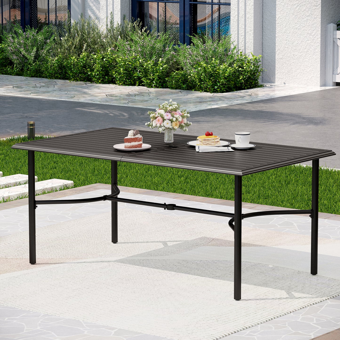 Captiva Designs 7pc Patio Slatted Top Steel Dining Table with Umbrella Hole & Stylish Back Metal Chairs