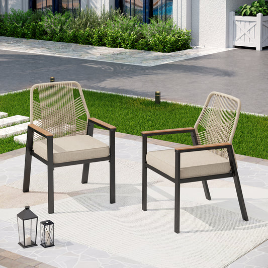 Captiva Designs Outdoor Dining Beige Rattan Chairs with Thick Cushions and Woven Wicker Backs