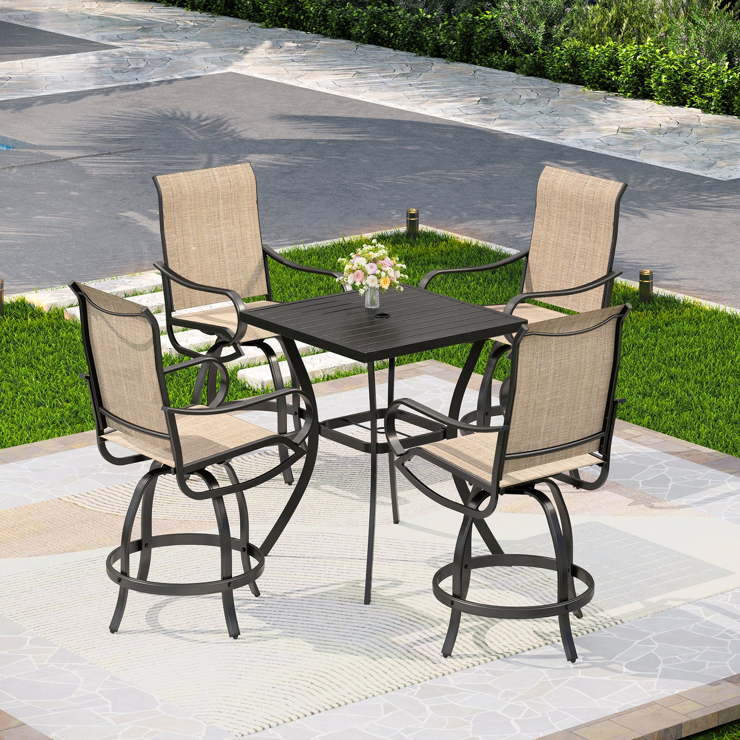 Captiva Designs 5pc Outdoor Patio Steel Bar Table & Sling High Bar Swivel Stools