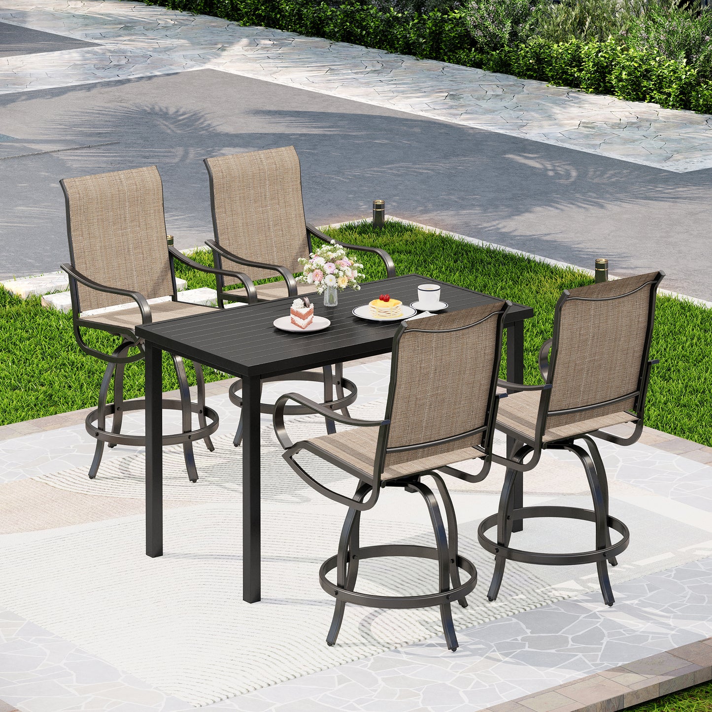 Captiva Designs 5pc Outdoor Patio Steel Bar Table & Sling High Bar Swivel Stools