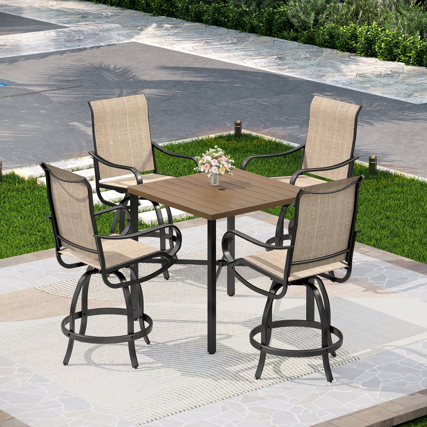 Captiva Designs 5pc Outdoor Patio Steel Bar Table & Sling High Bar Swivel Stools