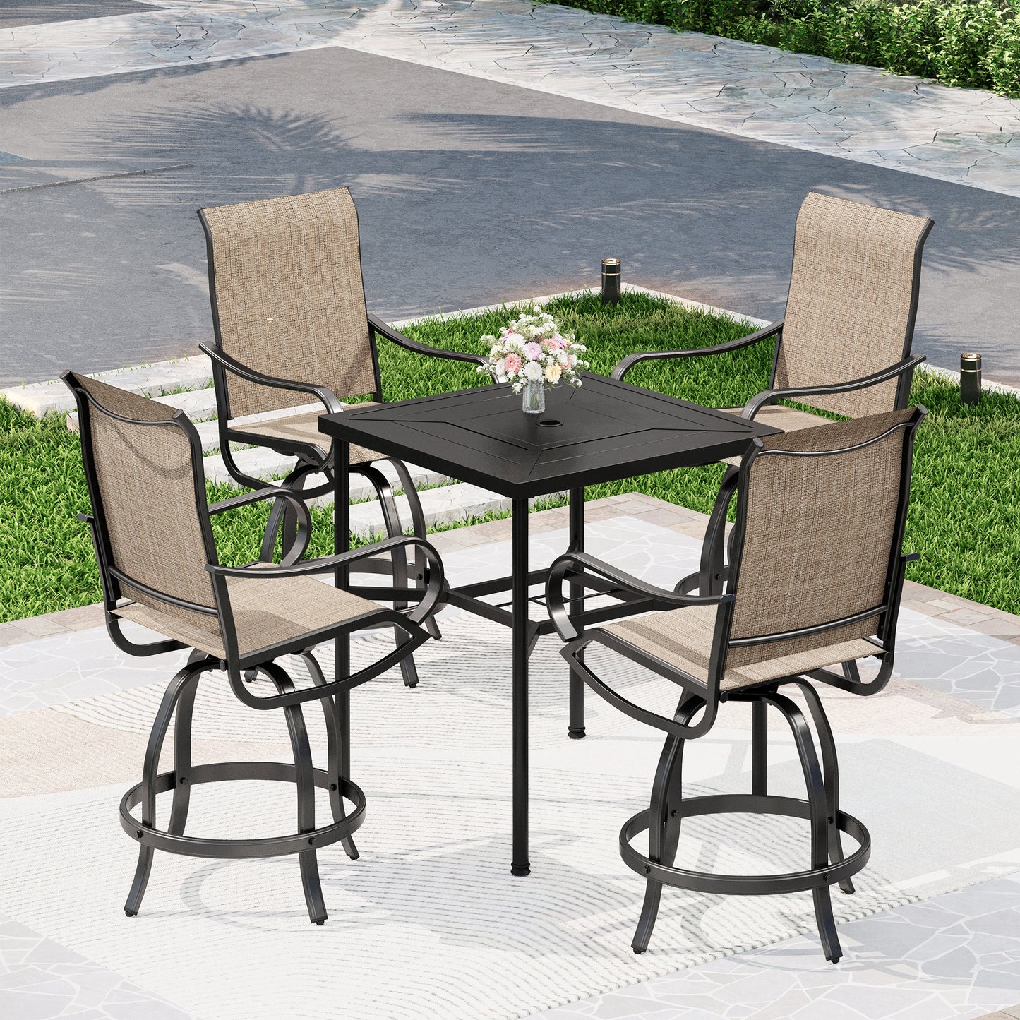 Captiva Designs 5pc Outdoor Patio Steel Bar Table & Sling High Bar Swivel Stools