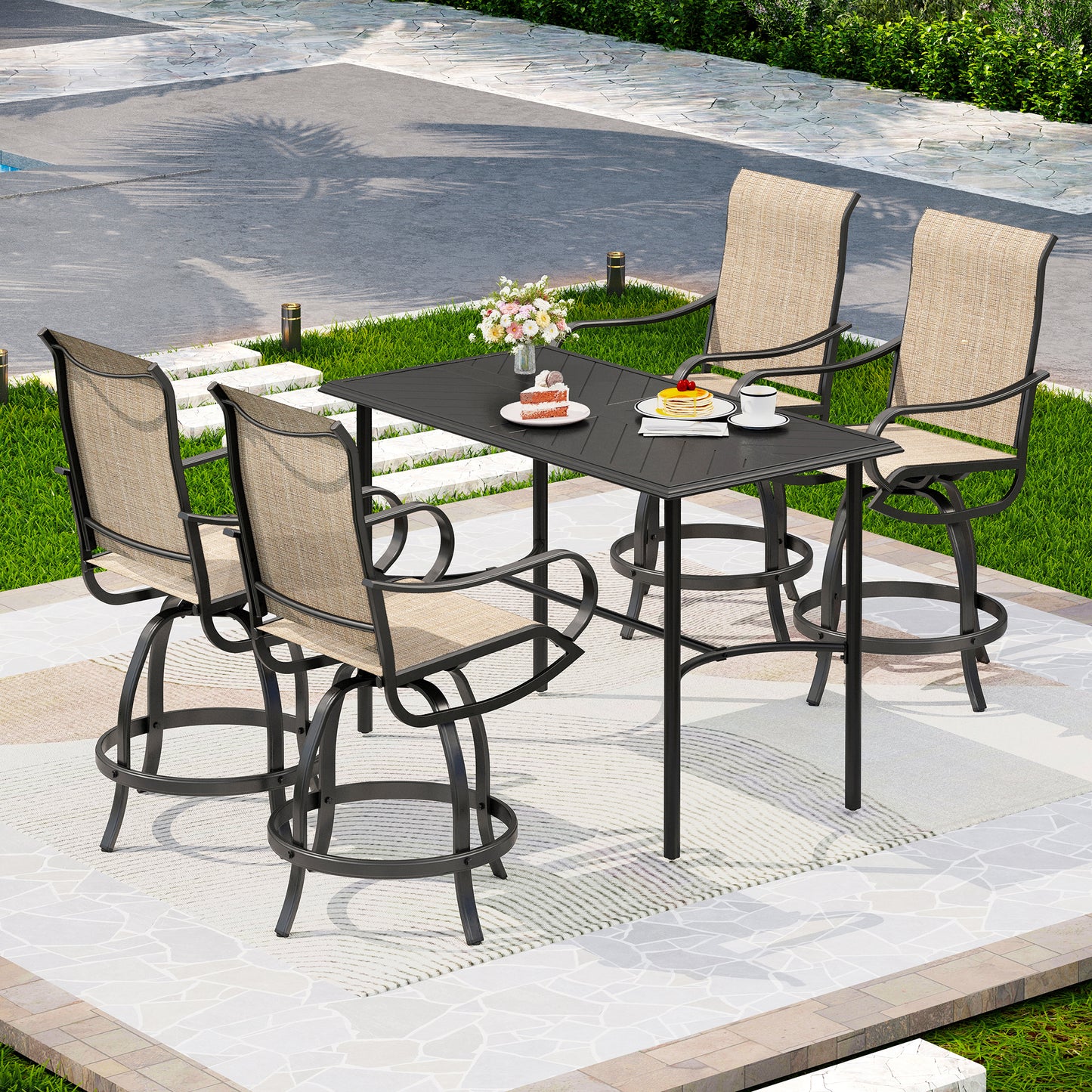 Captiva Designs 5pc Outdoor Patio Steel Bar Table & Sling High Bar Swivel Stools