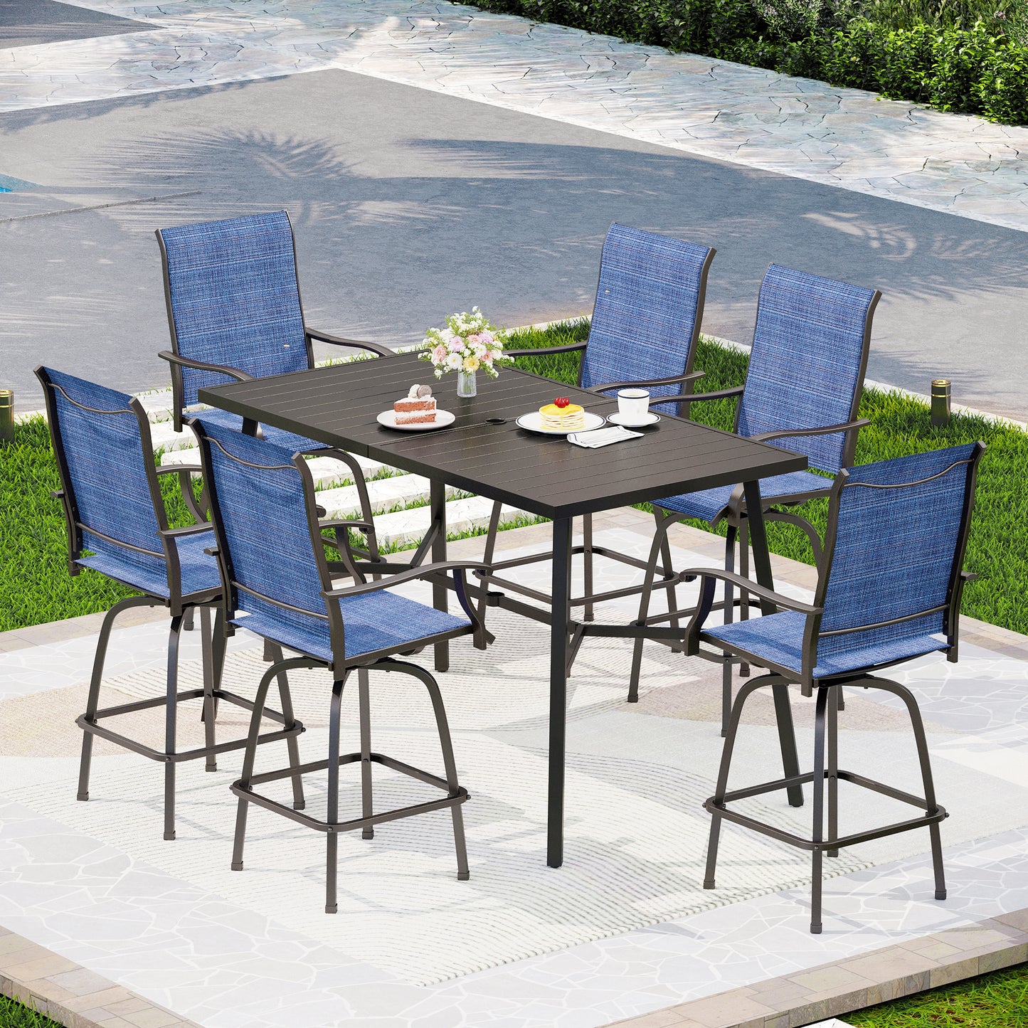 Captiva Designs 7pc Outdoor Patio Slatted Top Rectangle Metal Bar Table & Sling Swivel Bar Stools