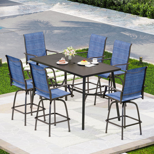 Captiva Designs 7pc Outdoor Patio Slatted Top Rectangle Metal Bar Table & Sling Swivel Bar Stools