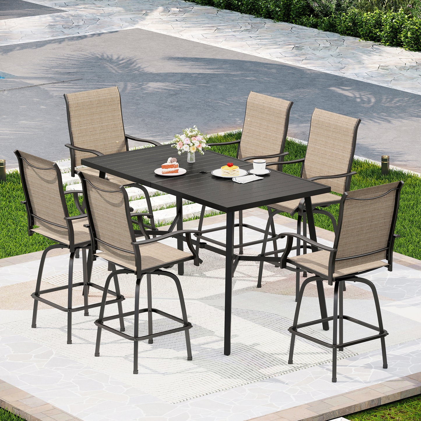 Captiva Designs 7pc Outdoor Patio Slatted Top Rectangle Metal Bar Table & Sling Swivel Bar Stools