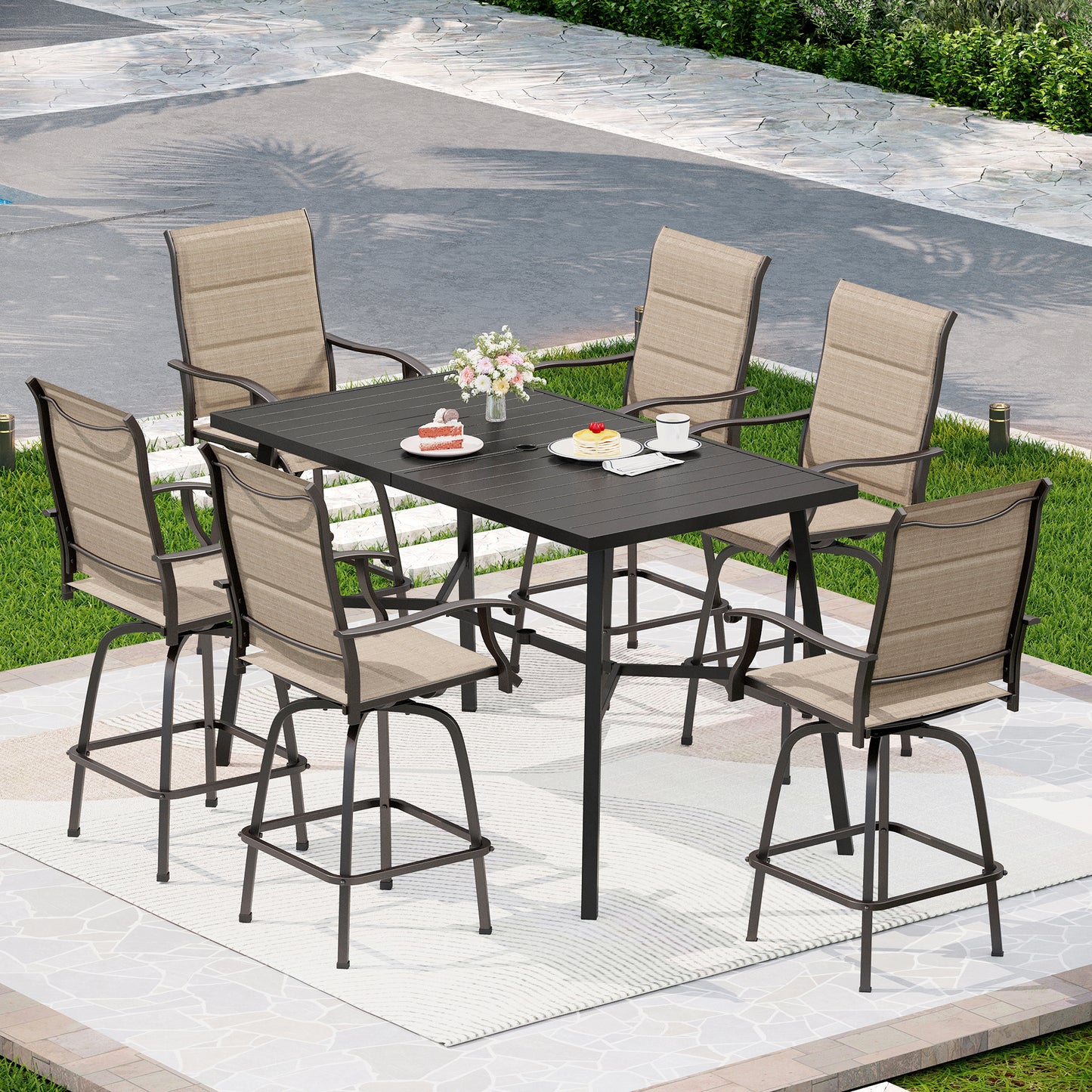 Captiva Designs 7pc Outdoor Patio Slatted Top Rectangle Metal Bar Table & Sling Swivel Bar Stools