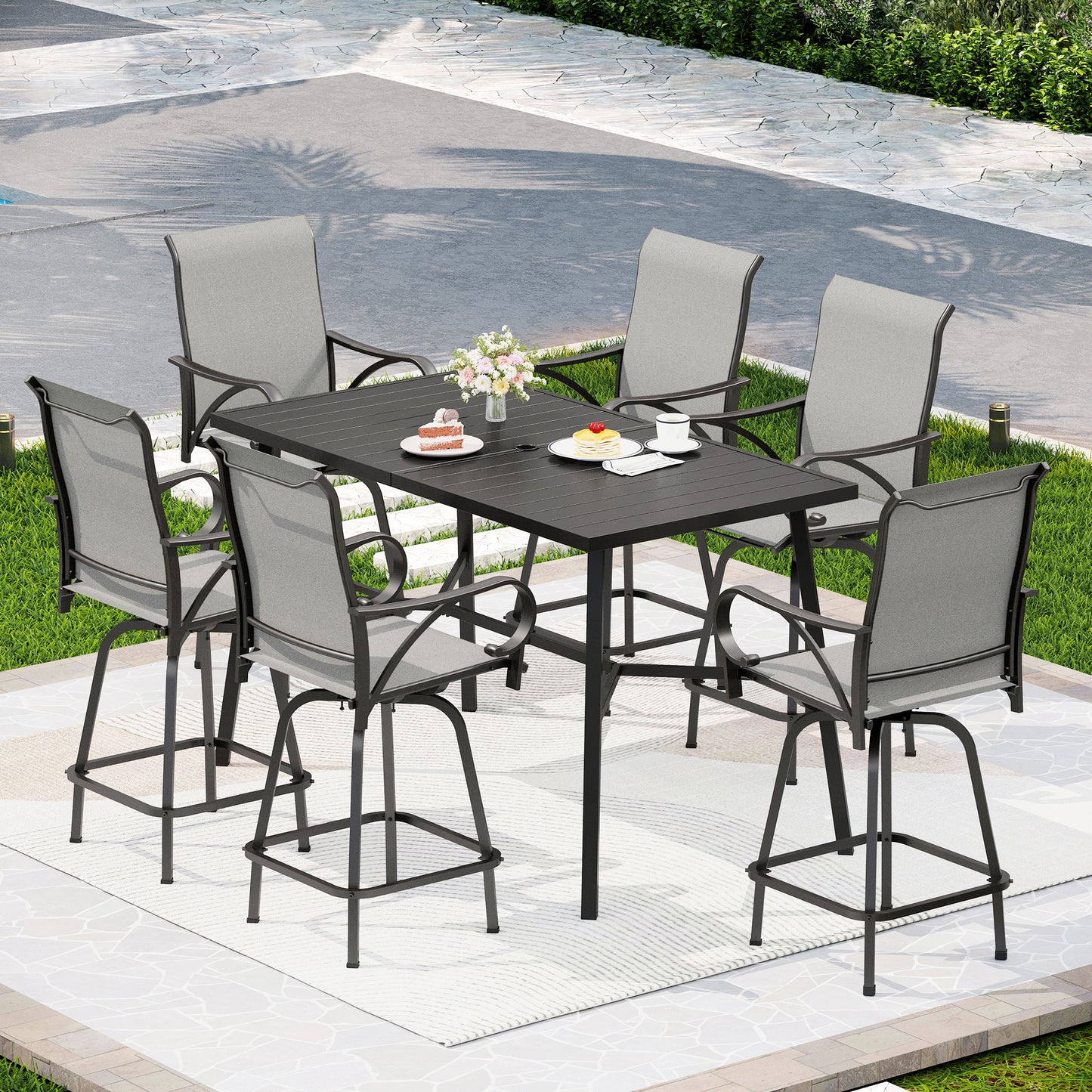 Captiva Designs 7pc Outdoor Patio Slatted Top Rectangle Metal Bar Table & Sling Swivel Bar Stools