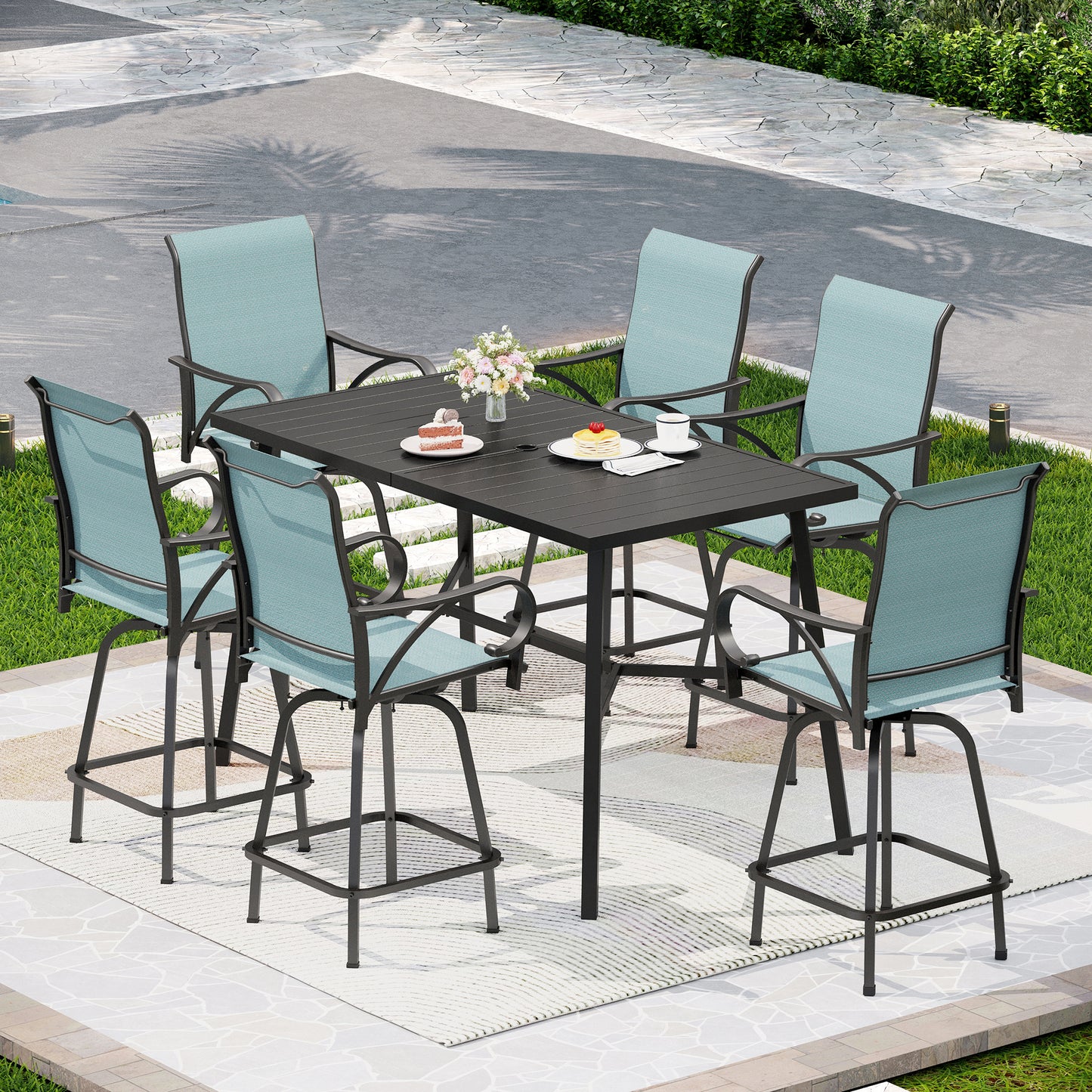 Captiva Designs 7pc Outdoor Patio Slatted Top Rectangle Metal Bar Table & Sling Swivel Bar Stools
