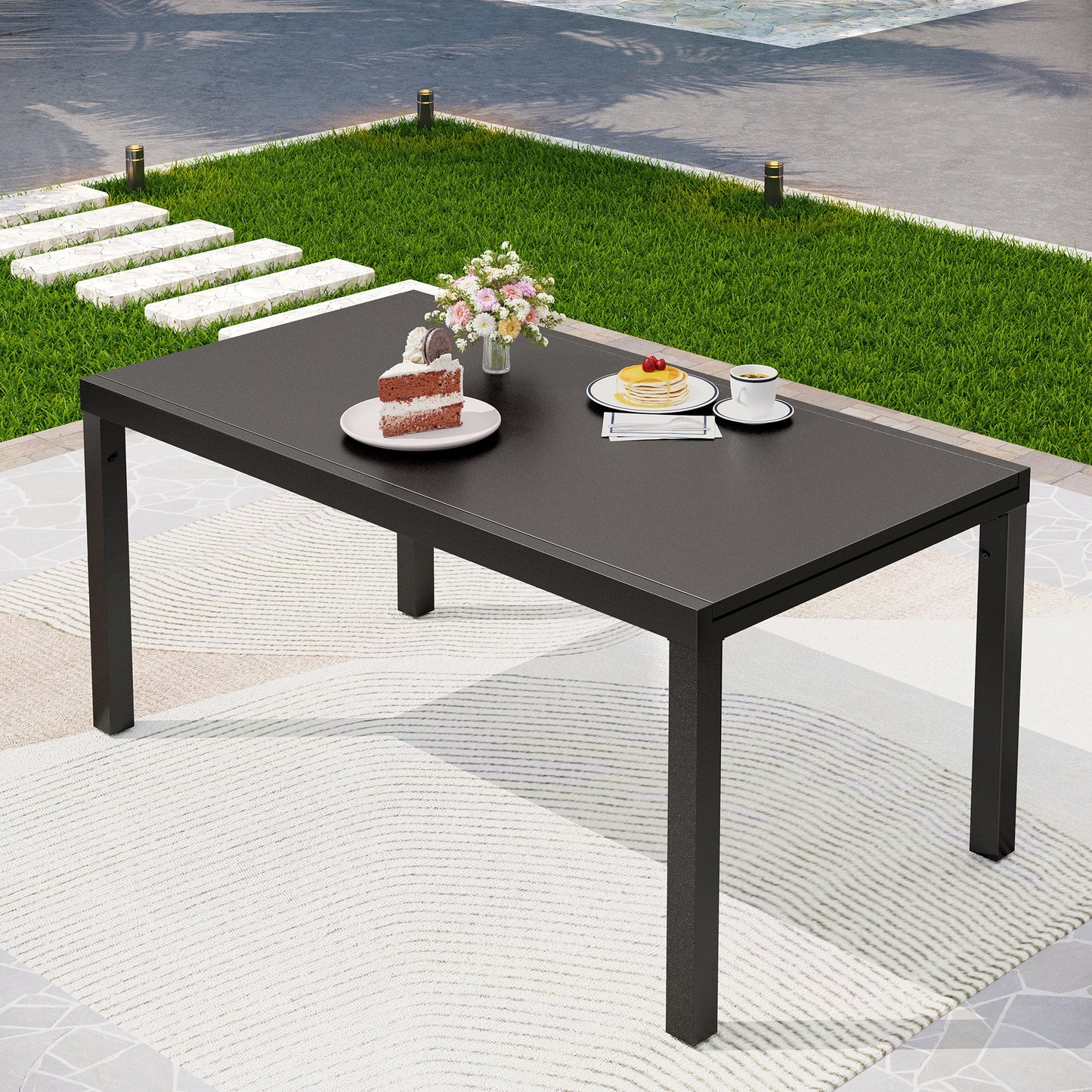 Captiva Designs 1pc Outdoor Patio Rectangular Steel Dining Table with Two Tabletop Leaves