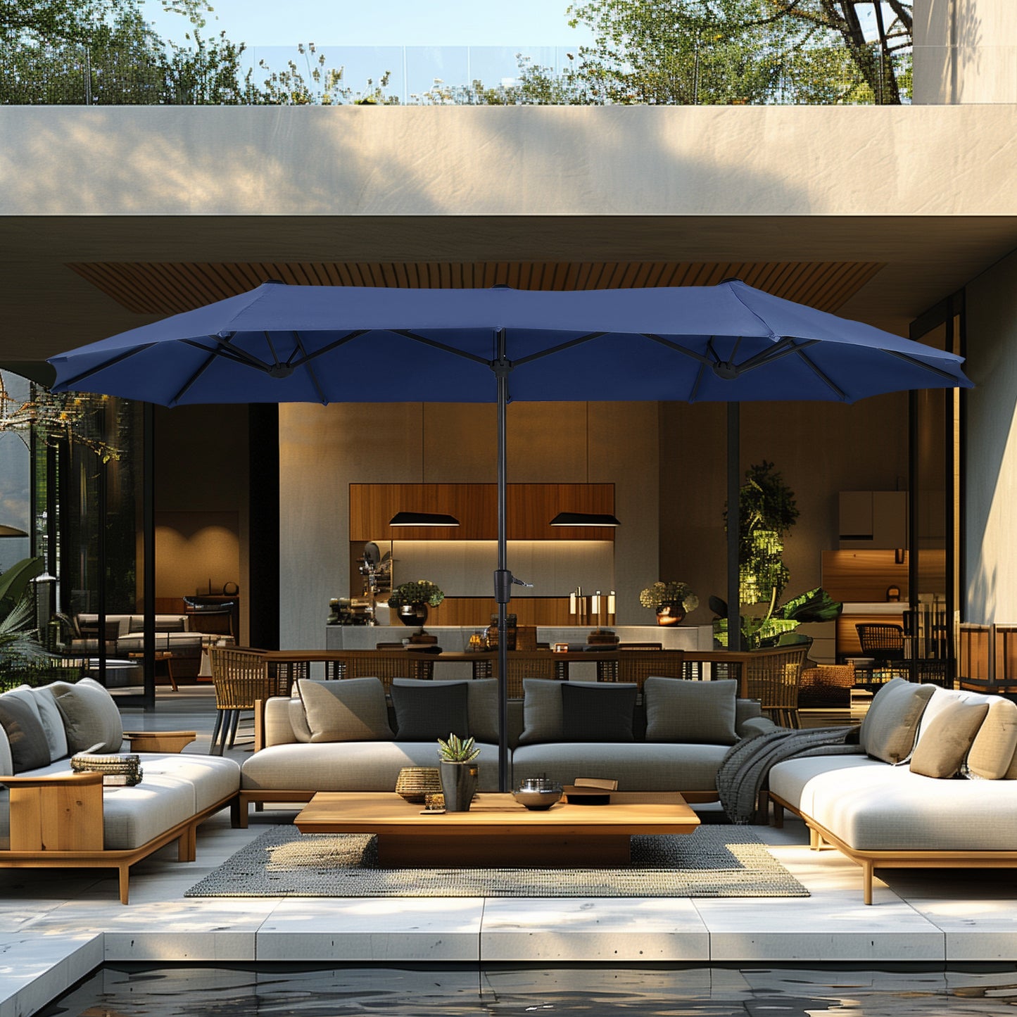 Captiva Designs 8 件套露台板条矩形桌、Textilene 可躺折叠椅和 13 英尺大号米色遮阳伞