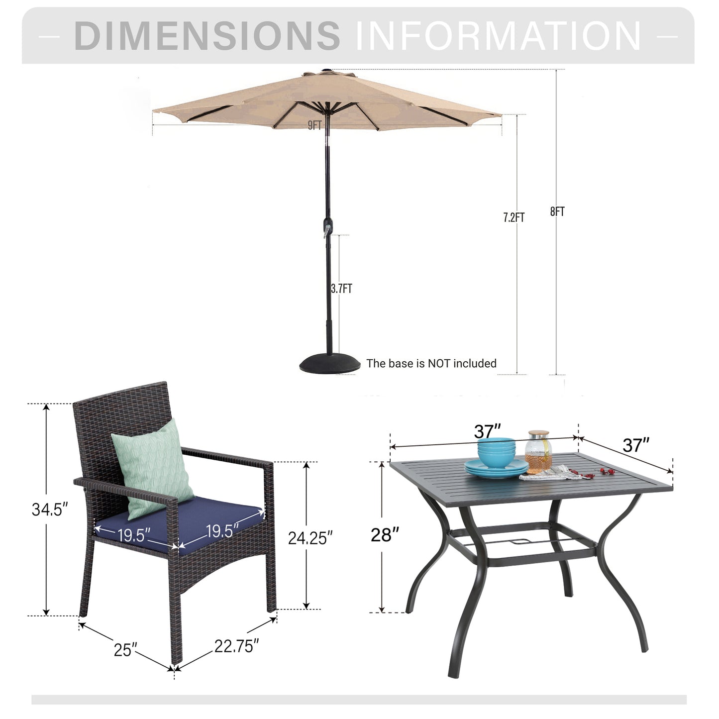 Captiva Designs 6pc Patio Steel Dining Table with Umbrella Hole & Blue Rattan Chairs & Market Umbrella