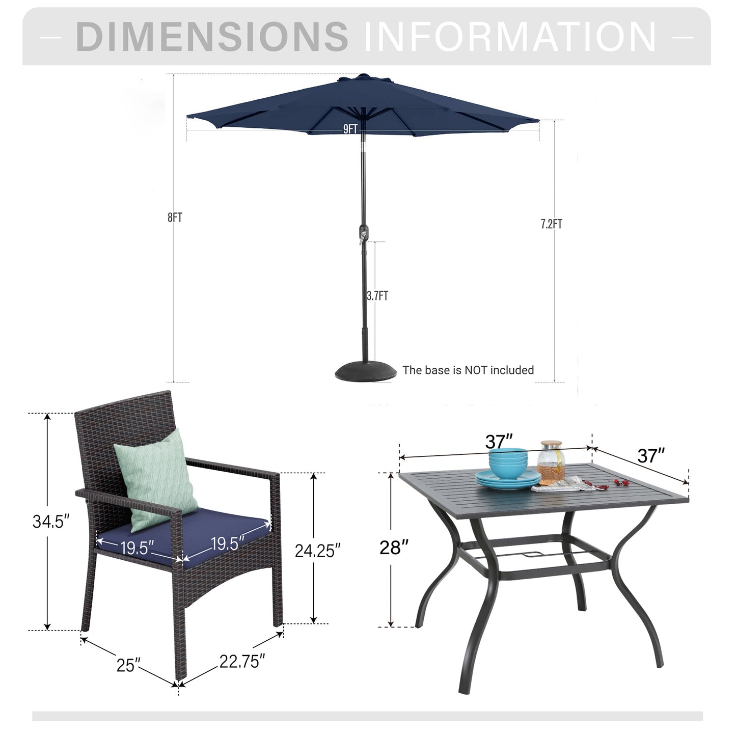 Captiva Designs 6pc Patio Steel Dining Table with Umbrella Hole & Blue Rattan Chairs & Market Umbrella