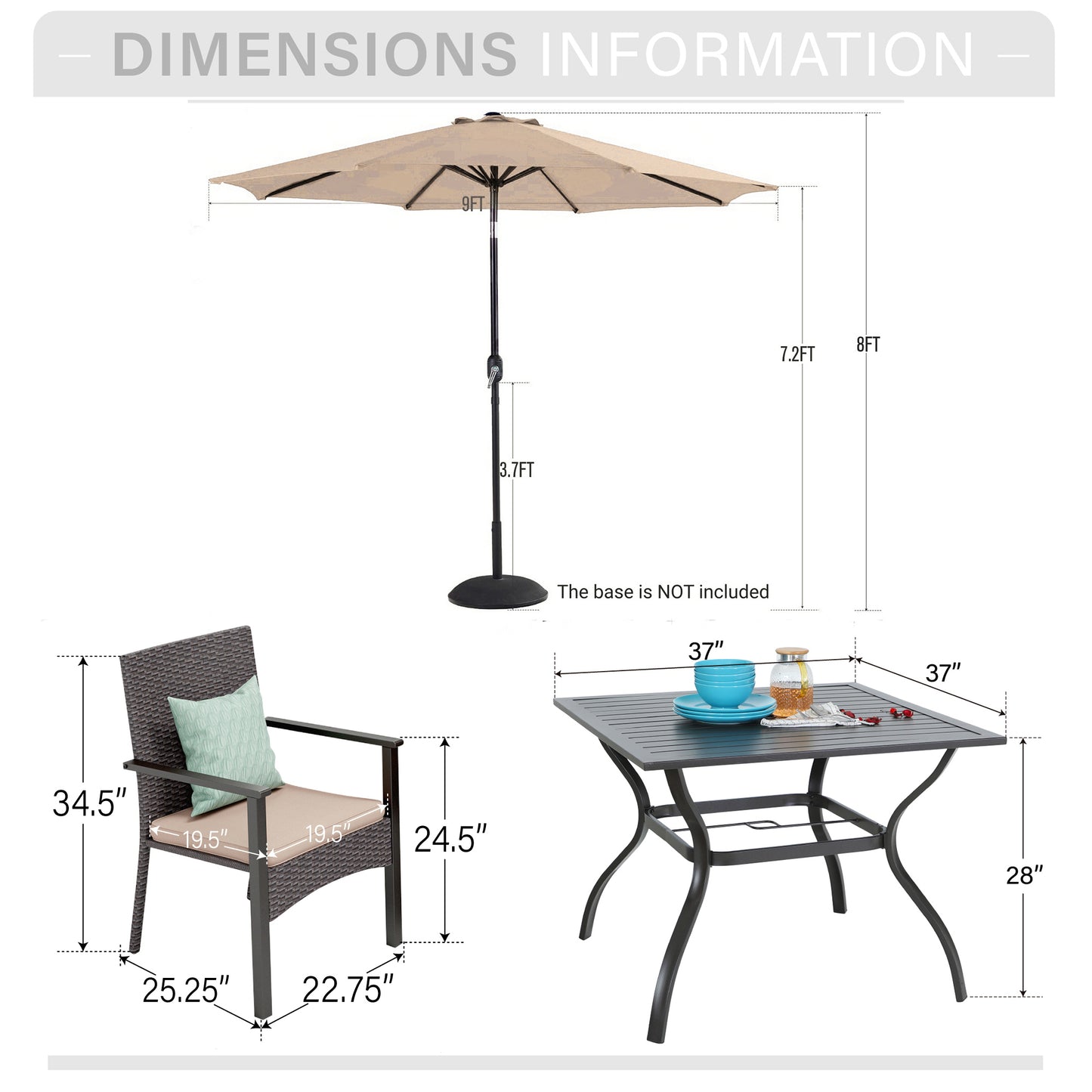 Captiva Designs 6pc Patio Steel Dining Table & Brown Rattan Chairs with Beige Cushion & Market Umbrella