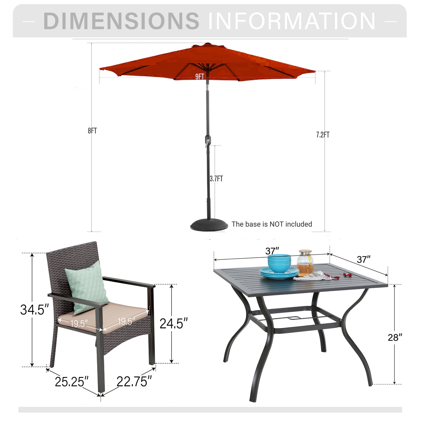 Captiva Designs 6pc Patio Steel Dining Table & Brown Rattan Chairs with Beige Cushion & Market Umbrella