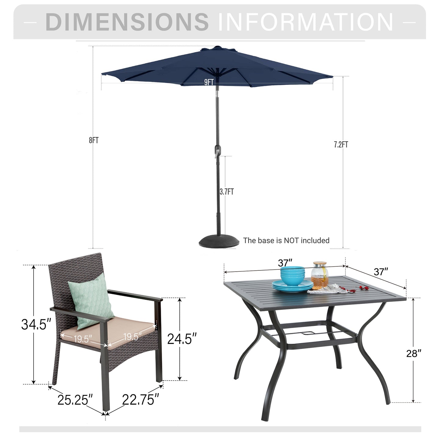 Captiva Designs 6pc Patio Steel Dining Table & Brown Rattan Chairs with Beige Cushion & Market Umbrella