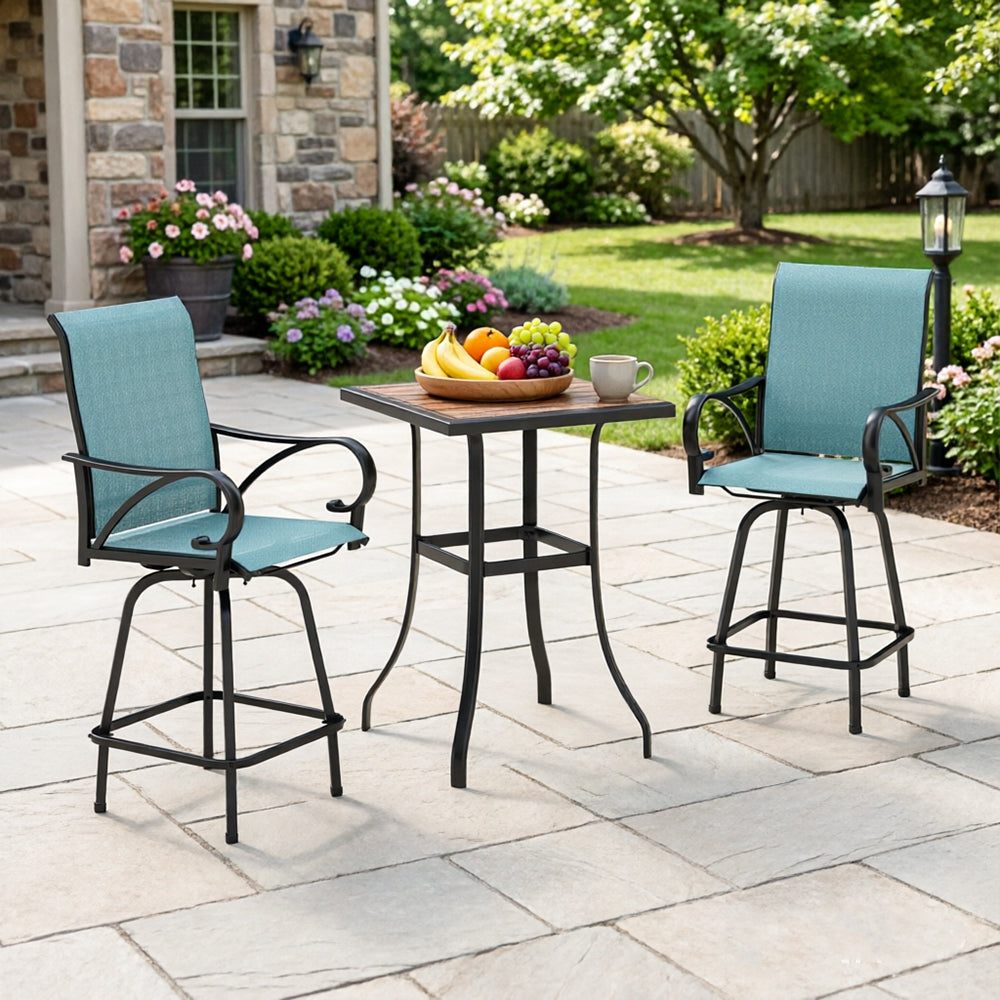 Captiva Designs 3Pc Outdoor Patio Dining Bar Set with Steel Steel Table & Sling Swivel Bar Stools
