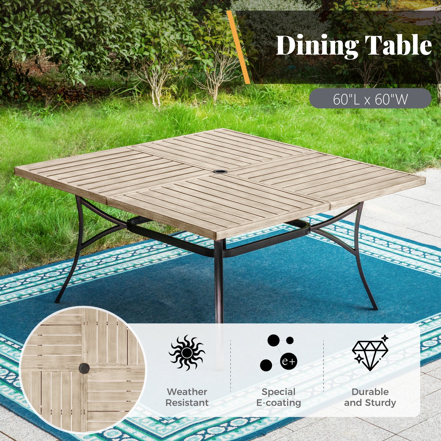 Captiva Designs 9pc Spacious Slat-top Square Metal Table & Rattan Metal Chairs with Thick Cushions