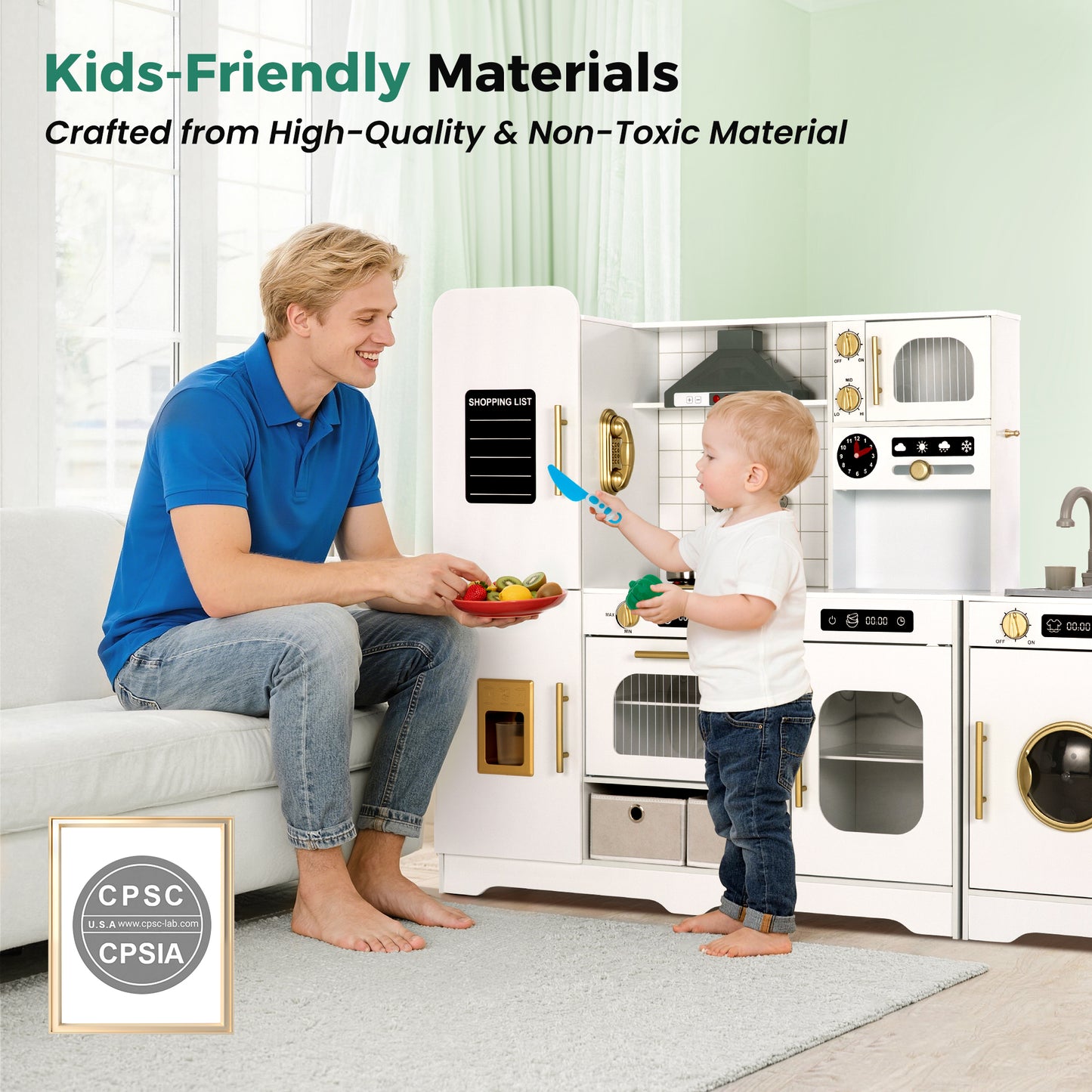 Captiva Designs Indoor Kids Kitchen Playset, Wooden Pretend Play Toy Set with Telephone, Stove, Microwave, Dishwasher, Real Sounds and Lights
