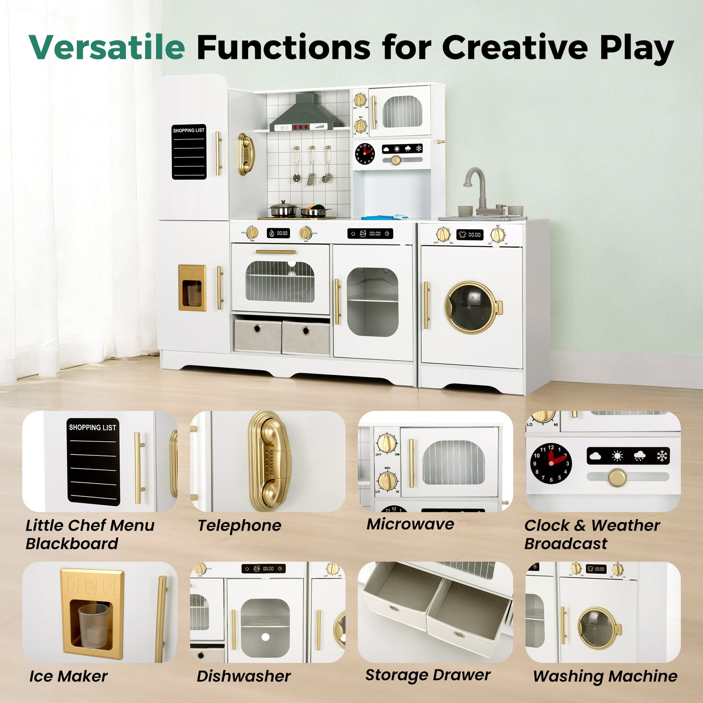 Captiva Designs Indoor Kids Kitchen Playset, Wooden Pretend Play Toy Set with Telephone, Stove, Microwave, Dishwasher, Real Sounds and Lights