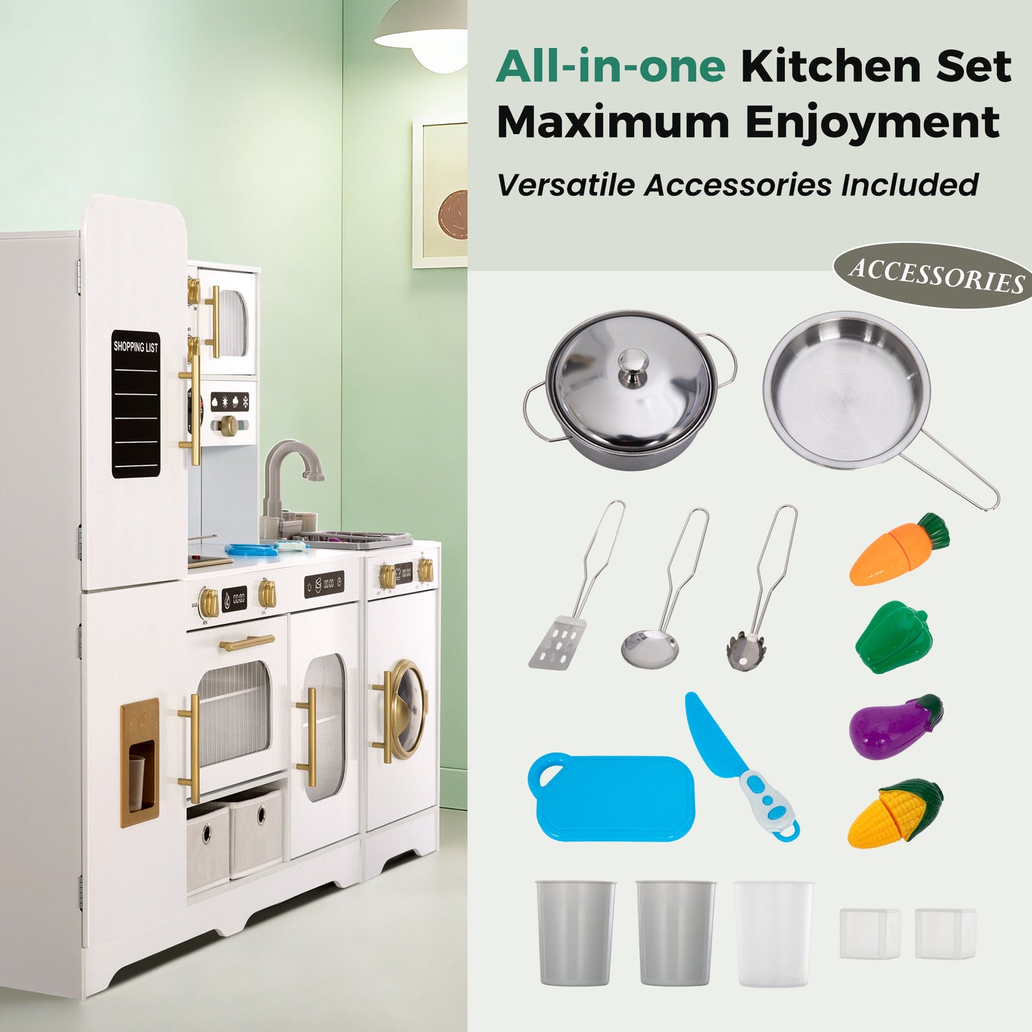 Captiva Designs Indoor Kids Kitchen Playset, Wooden Pretend Play Toy Set with Telephone, Stove, Microwave, Dishwasher, Real Sounds and Lights