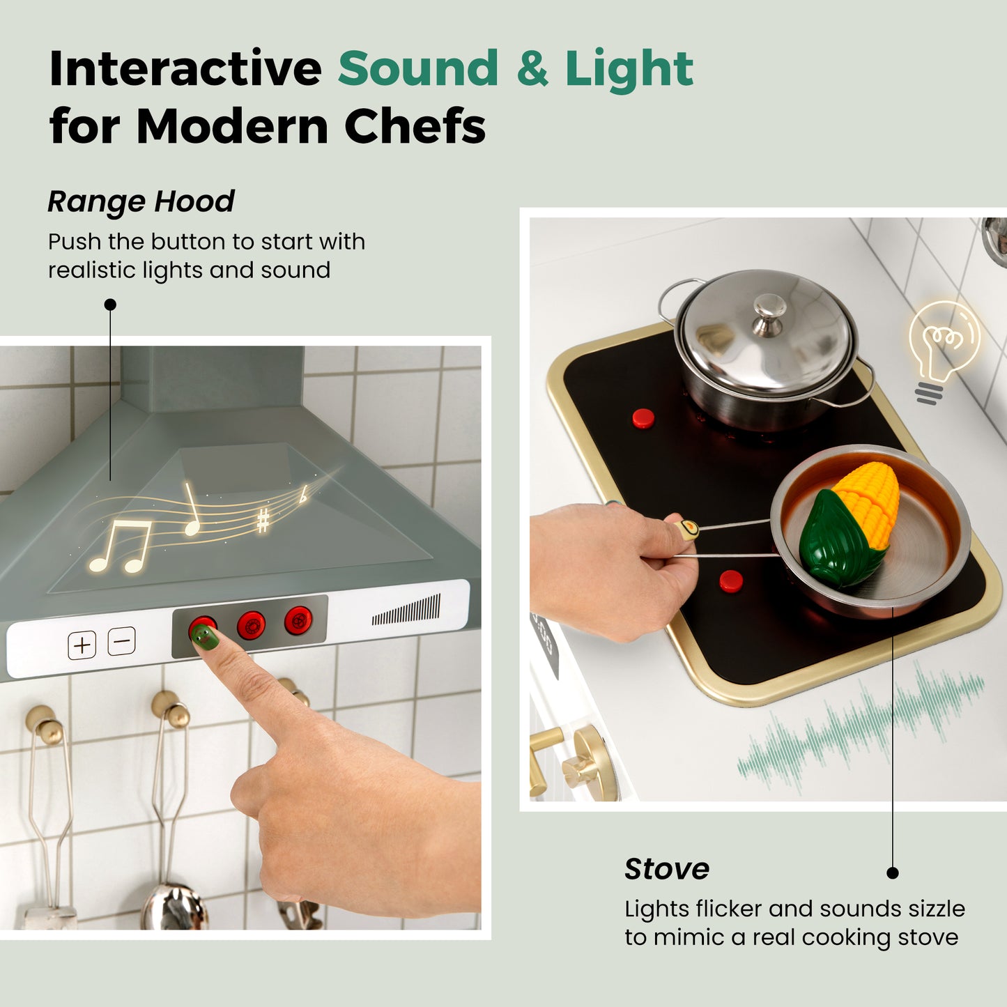 Captiva Designs Indoor Kids Kitchen Playset, Wooden Pretend Play Toy Set with Telephone, Stove, Microwave, Dishwasher, Real Sounds and Lights