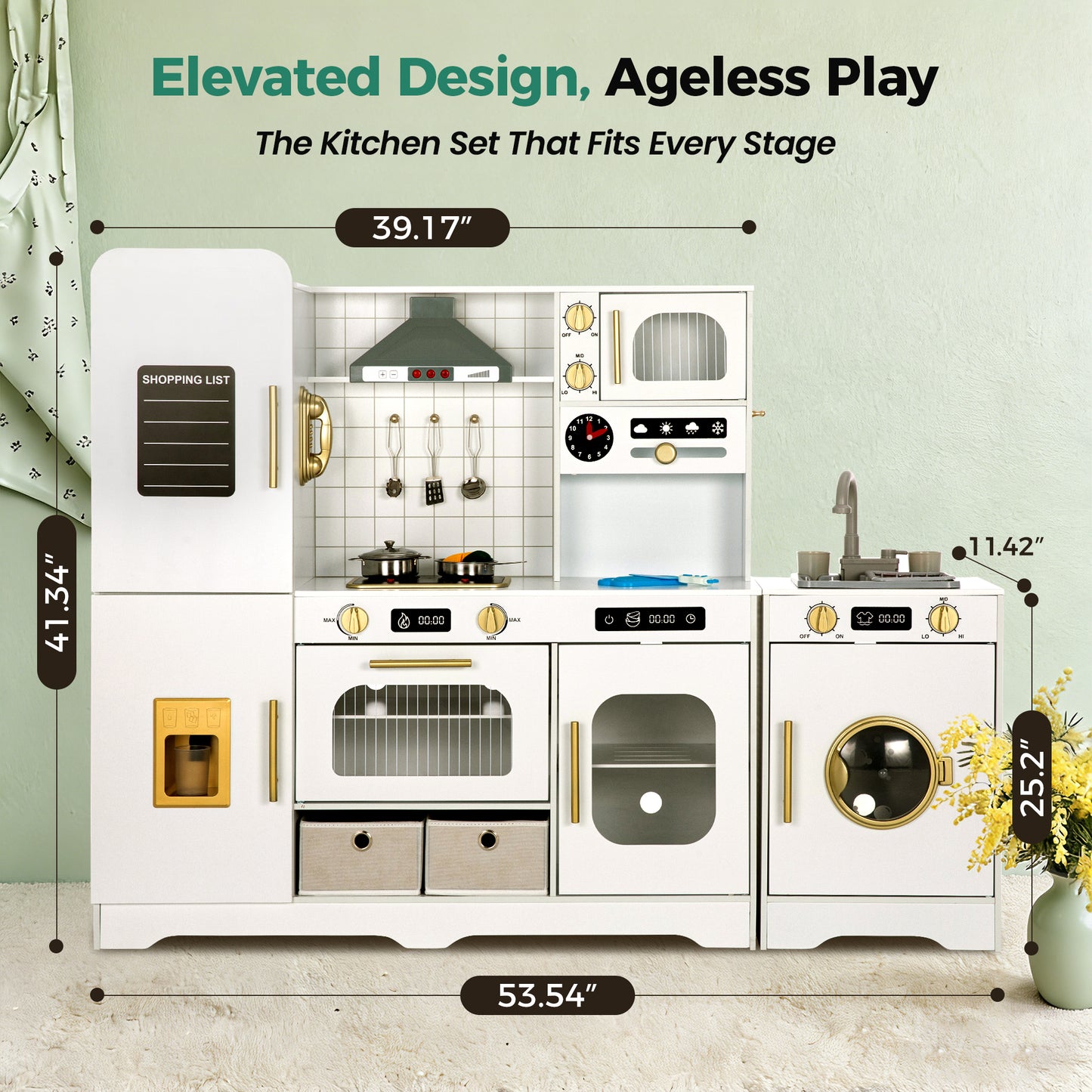Captiva Designs Indoor Kids Kitchen Playset, Wooden Pretend Play Toy Set with Telephone, Stove, Microwave, Dishwasher, Real Sounds and Lights