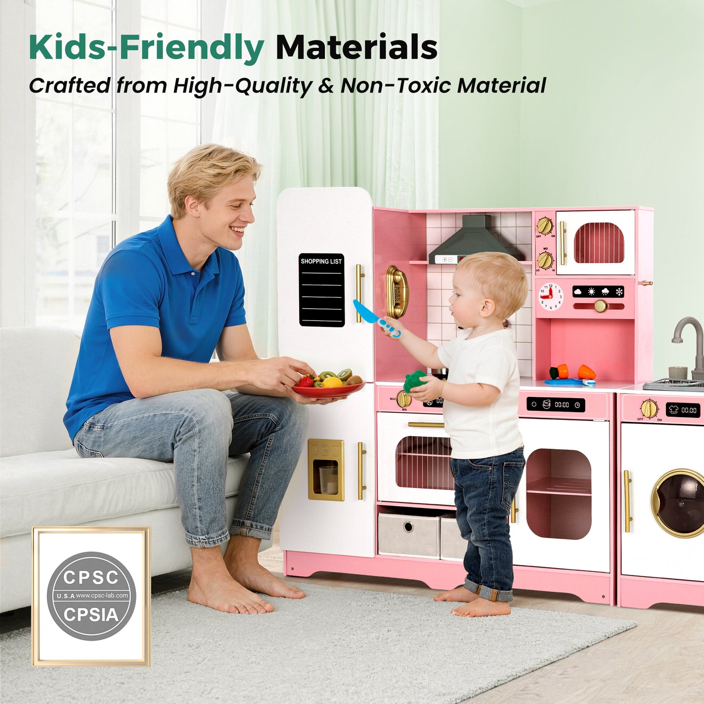 Captiva Designs Indoor Kids Kitchen Playset, Wooden Pretend Play Toy Set with Telephone, Stove, Microwave, Dishwasher, Real Sounds and Lights