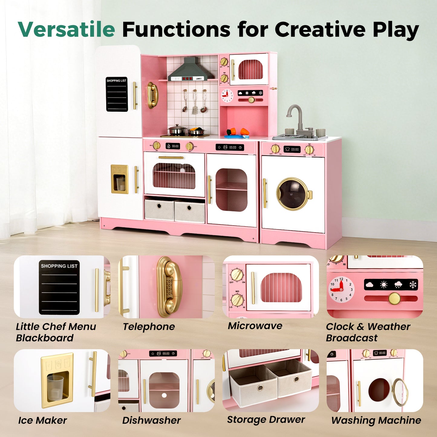 Captiva Designs Indoor Kids Kitchen Playset, Wooden Pretend Play Toy Set with Telephone, Stove, Microwave, Dishwasher, Real Sounds and Lights