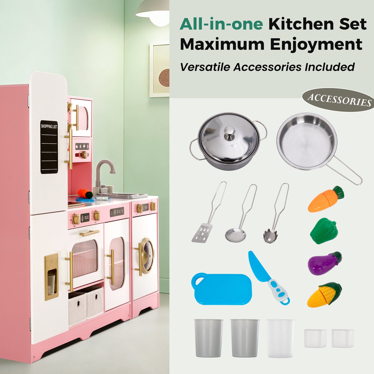 Captiva Designs Indoor Kids Kitchen Playset, Wooden Pretend Play Toy Set with Telephone, Stove, Microwave, Dishwasher, Real Sounds and Lights