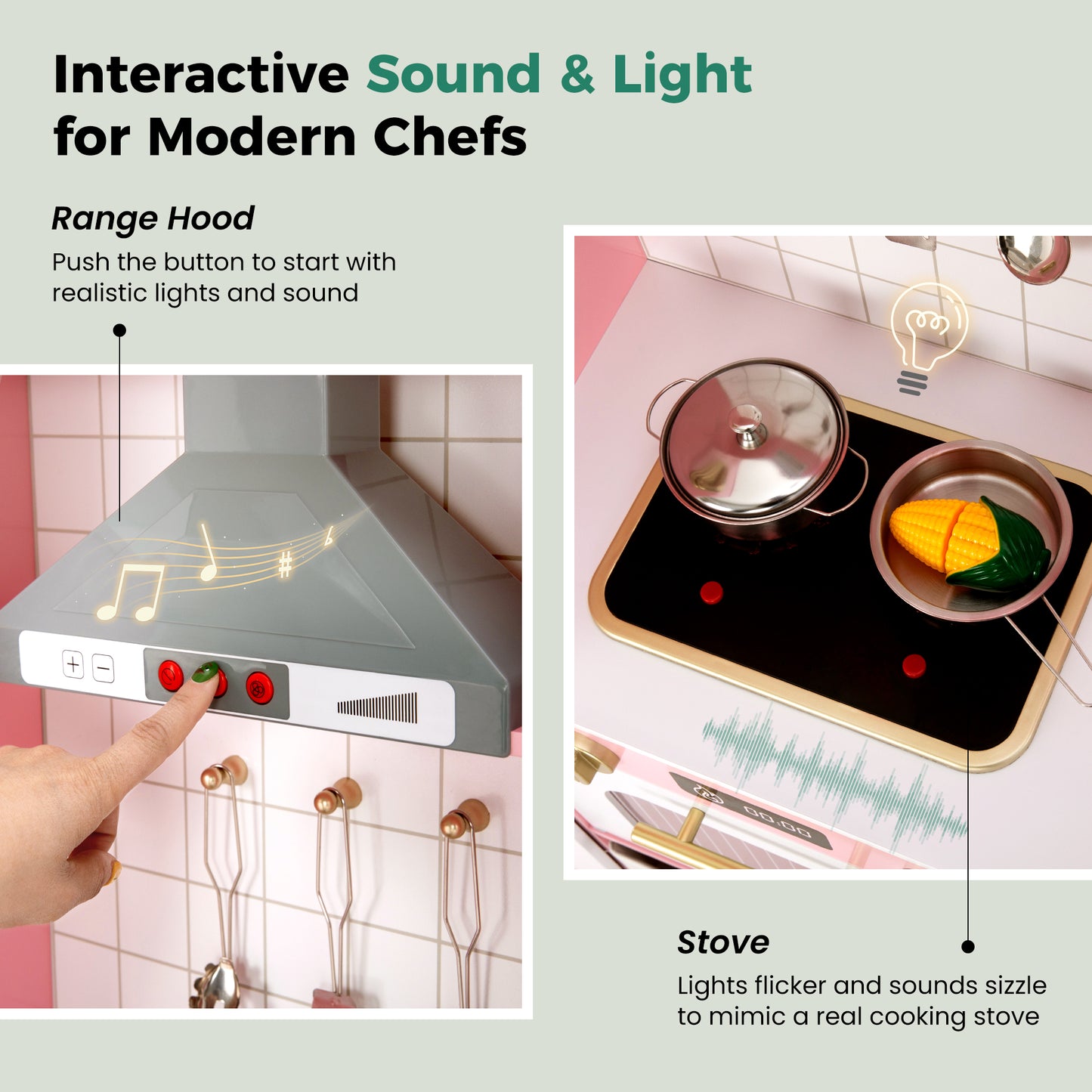 Captiva Designs Indoor Kids Kitchen Playset, Wooden Pretend Play Toy Set with Telephone, Stove, Microwave, Dishwasher, Real Sounds and Lights