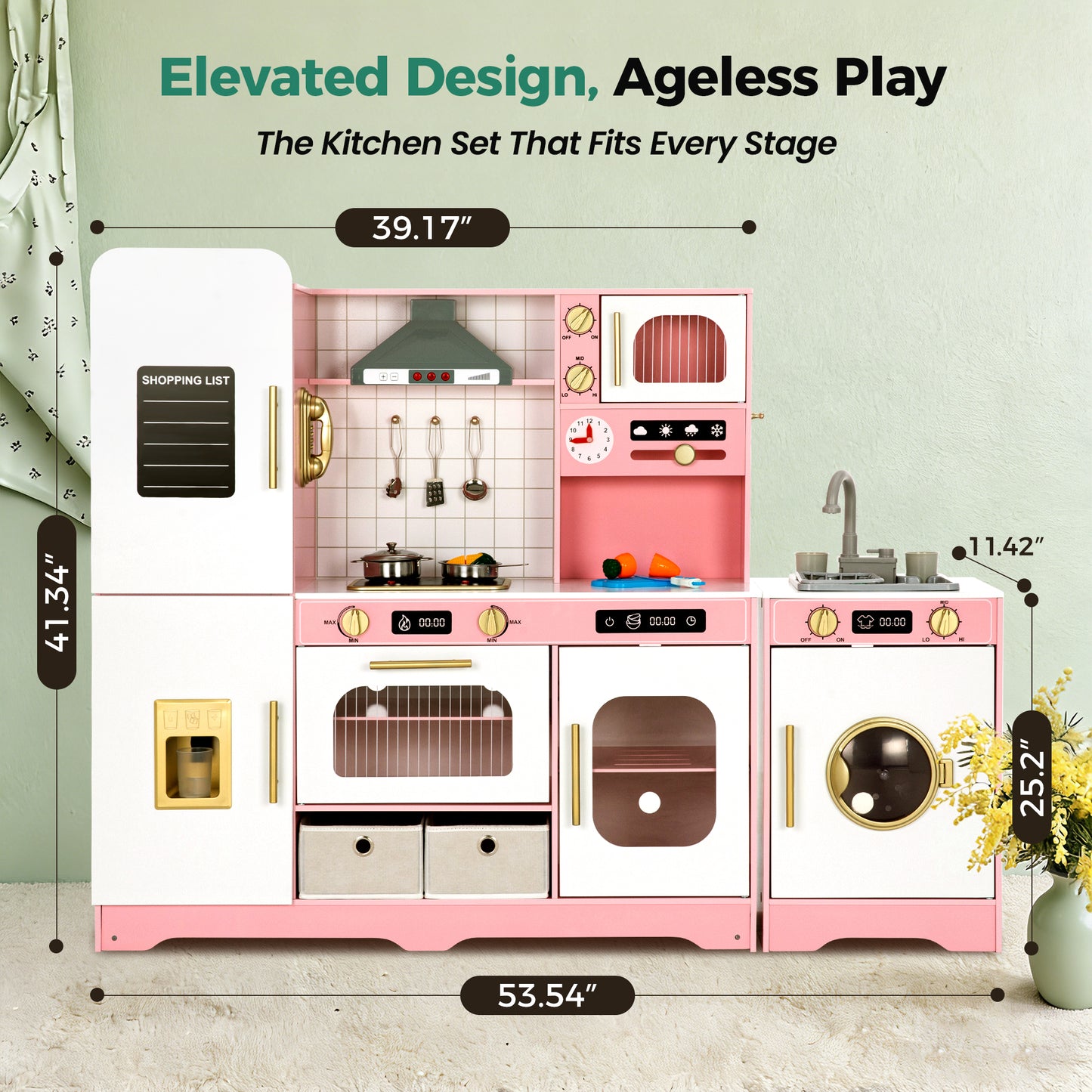 Captiva Designs Indoor Kids Kitchen Playset, Wooden Pretend Play Toy Set with Telephone, Stove, Microwave, Dishwasher, Real Sounds and Lights