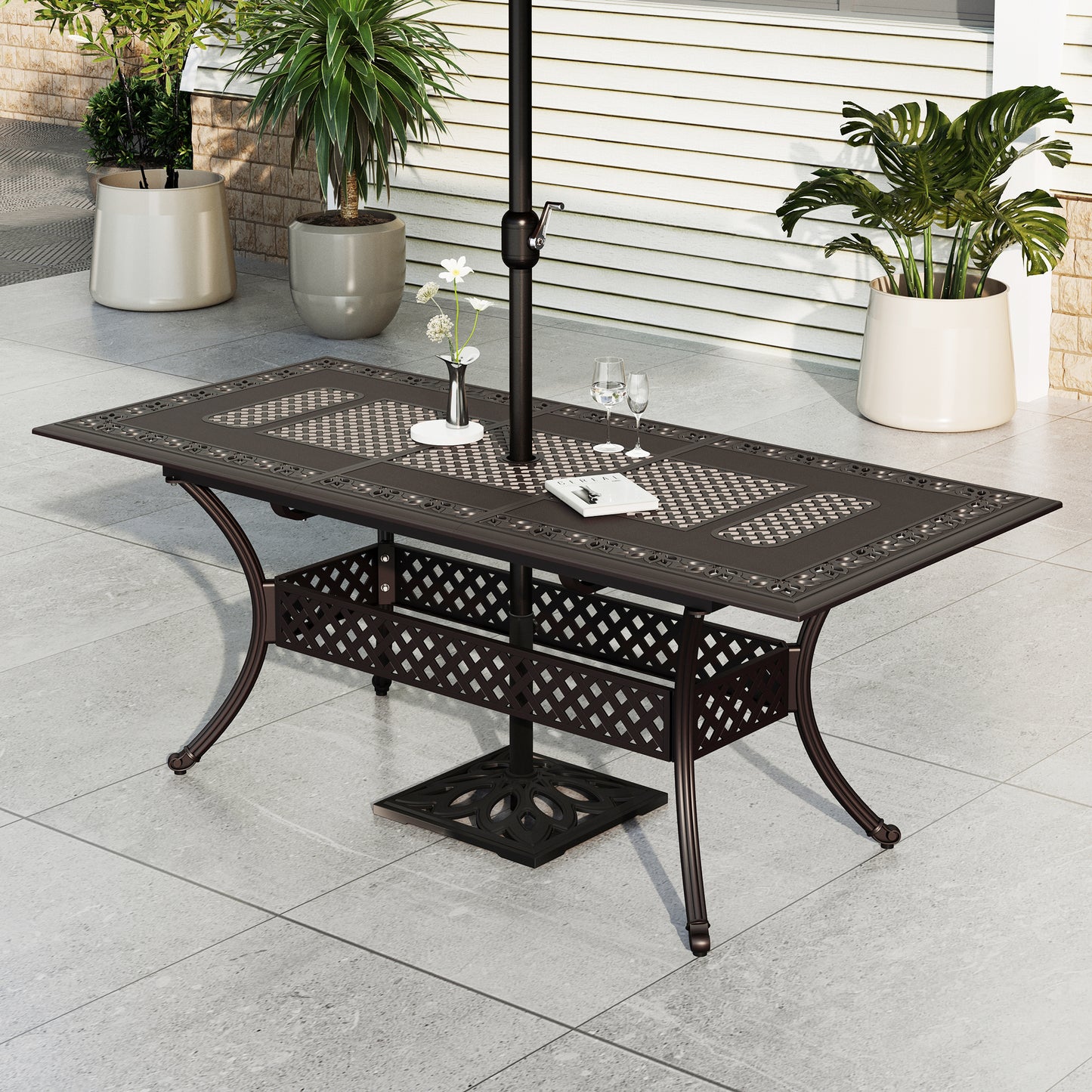 Captiva Designs Outdoor Patio Cast Aluminum Lawn Garden All Weather Engraved Cast-Top Dining Table