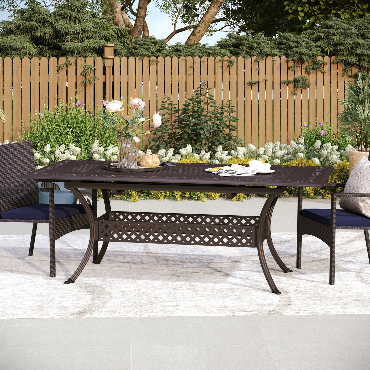 Captiva Designs Outdoor Patio Cast Aluminum Lawn Garden All Weather Engraved Cast-Top Dining Table