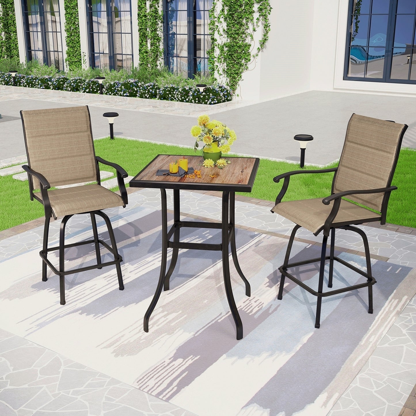 Captiva Designs 3Pc Outdoor Patio Dining Bar Set with Steel Steel Table & Sling Swivel Bar Stools