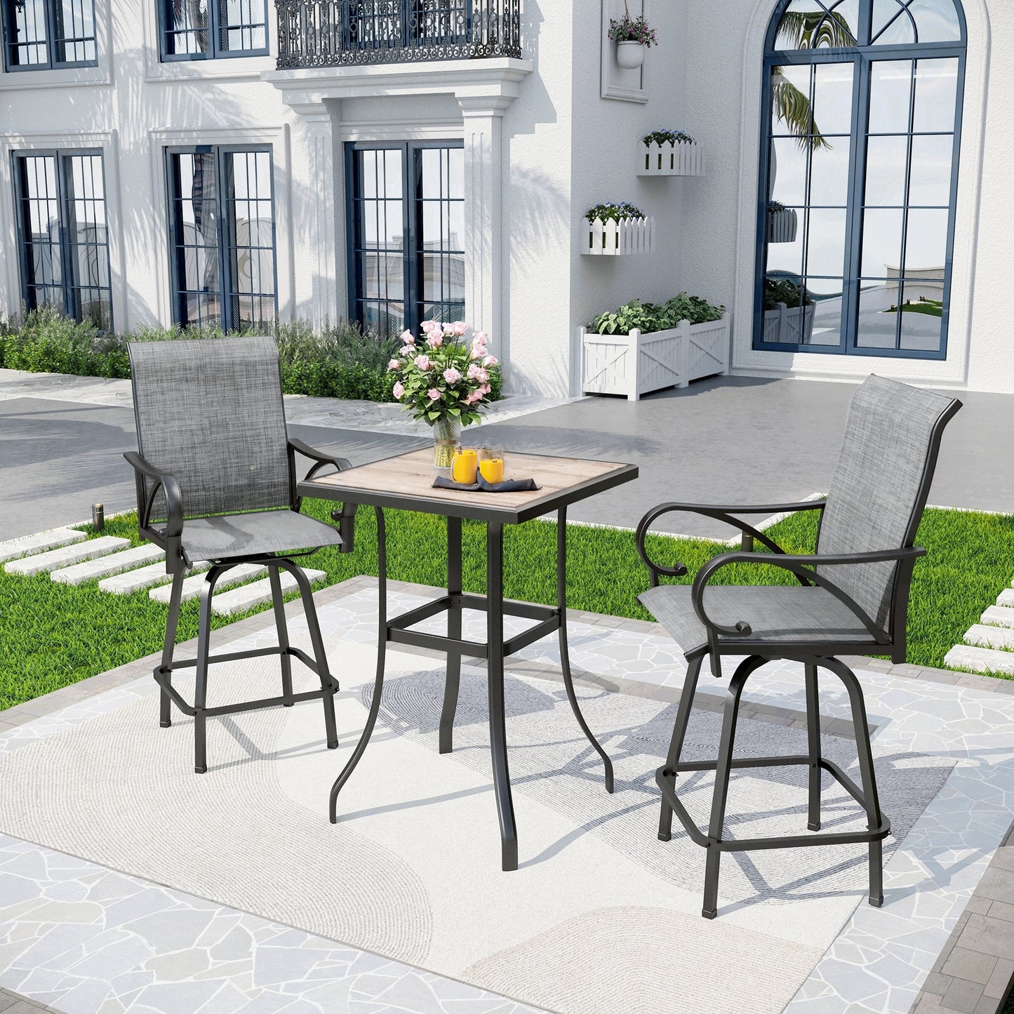 Captiva Designs 3Pc Outdoor Patio Dining Bar Set with Steel Steel Table & Sling Swivel Bar Stools
