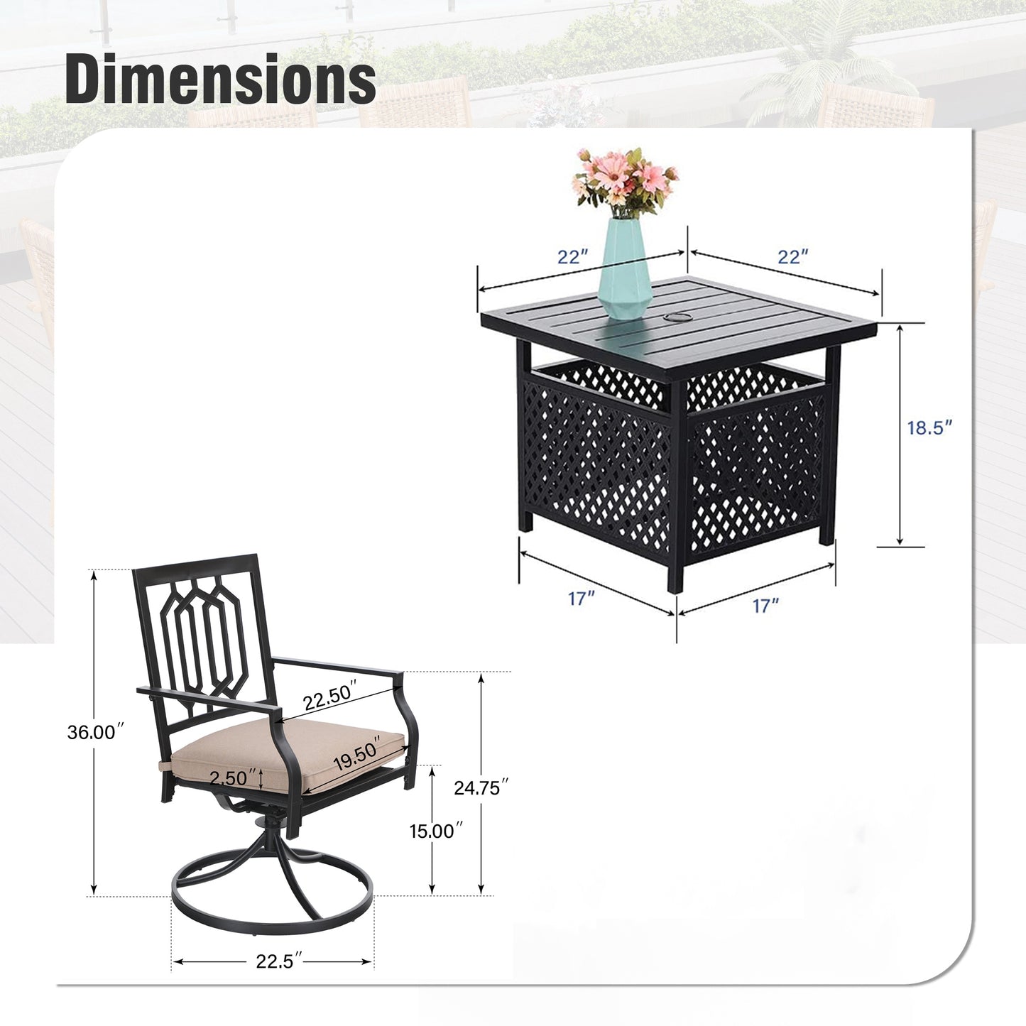Captiva Designs 3pc Outdoor Patio Slatted Tabletop Square Dining Steel Table & Arm Chairs