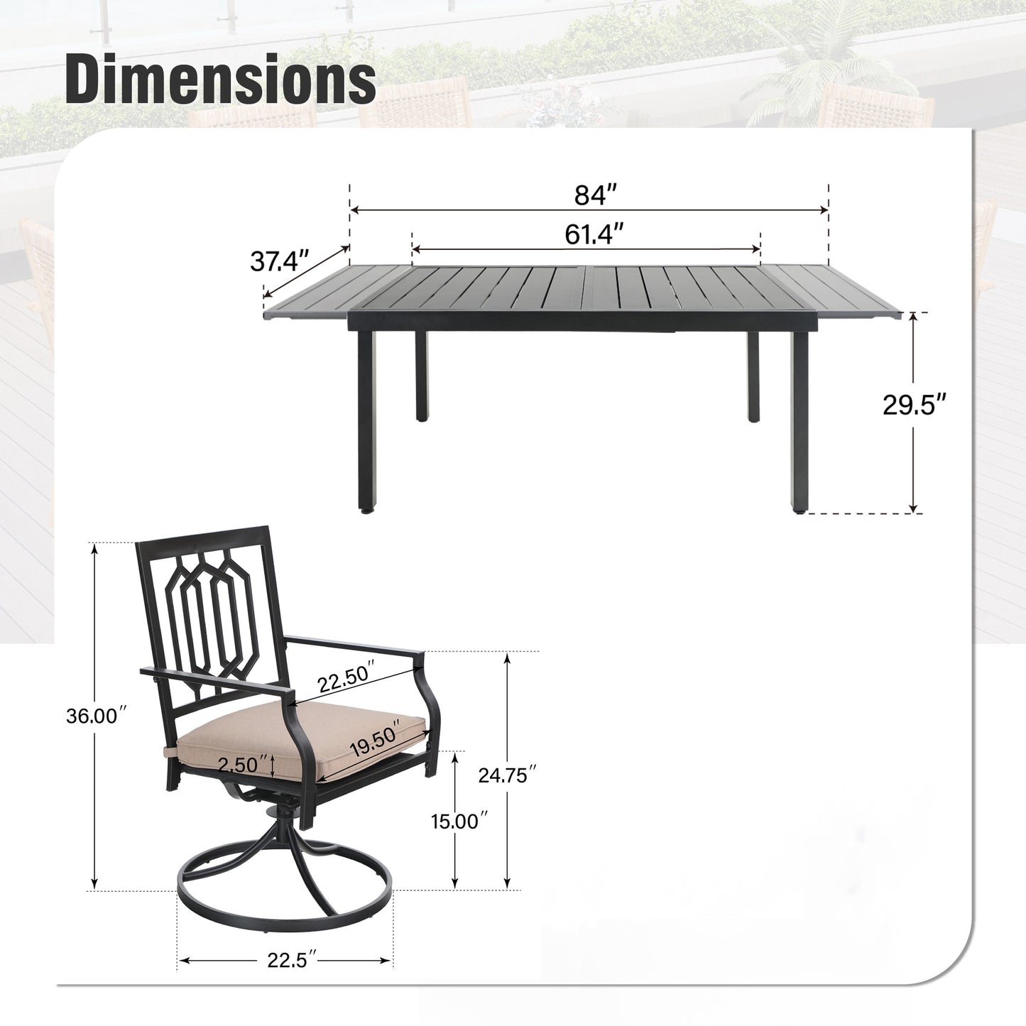 Captiva Designs 7pc Patio Slat-top Rectangle Dining Steel Table & Armrest Metal Chairs
