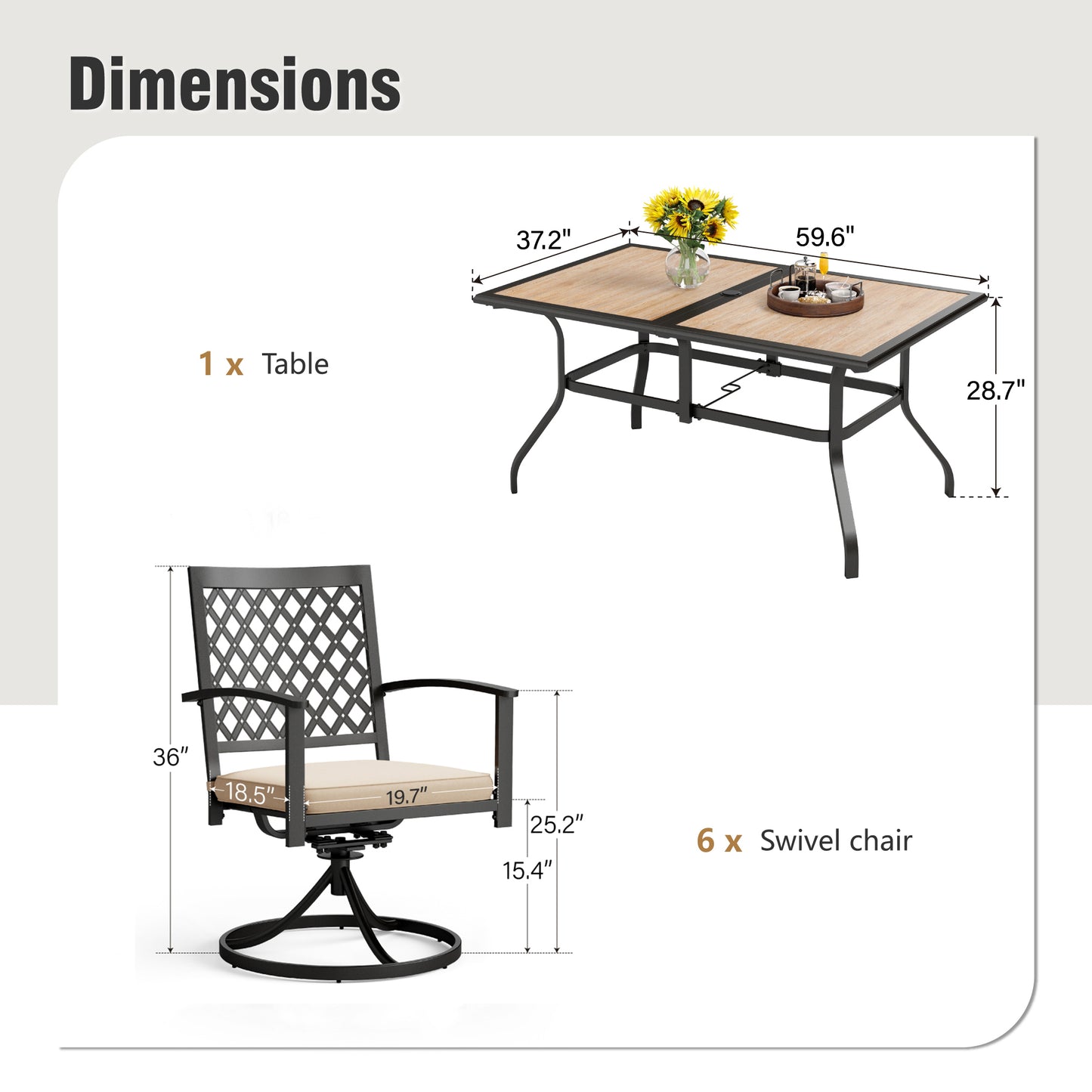 Captiva Designs 7pc Patio Dining Set with Wood-look Rectangle Steel Table & Stylish Back Metal Chairs