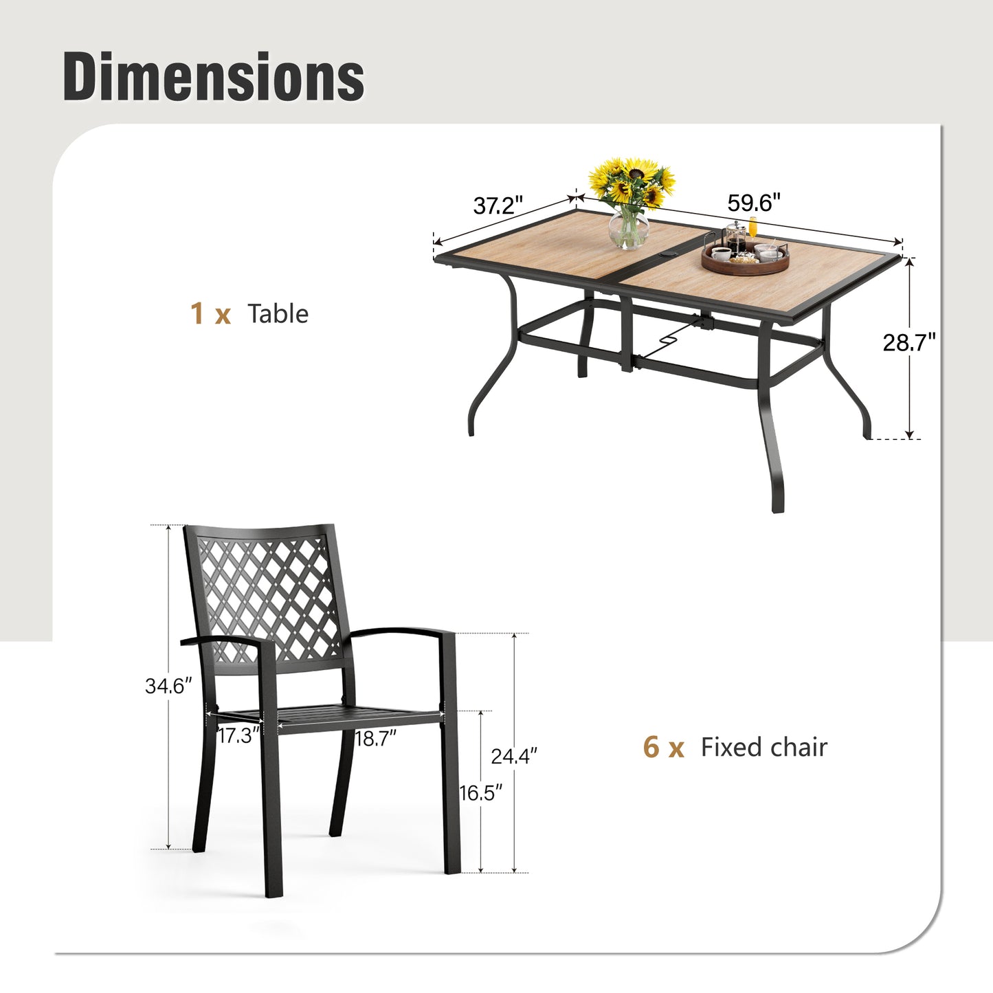 Captiva Designs 7pc Patio Dining Set with Wood-look Rectangle Steel Table & Stylish Back Metal Chairs